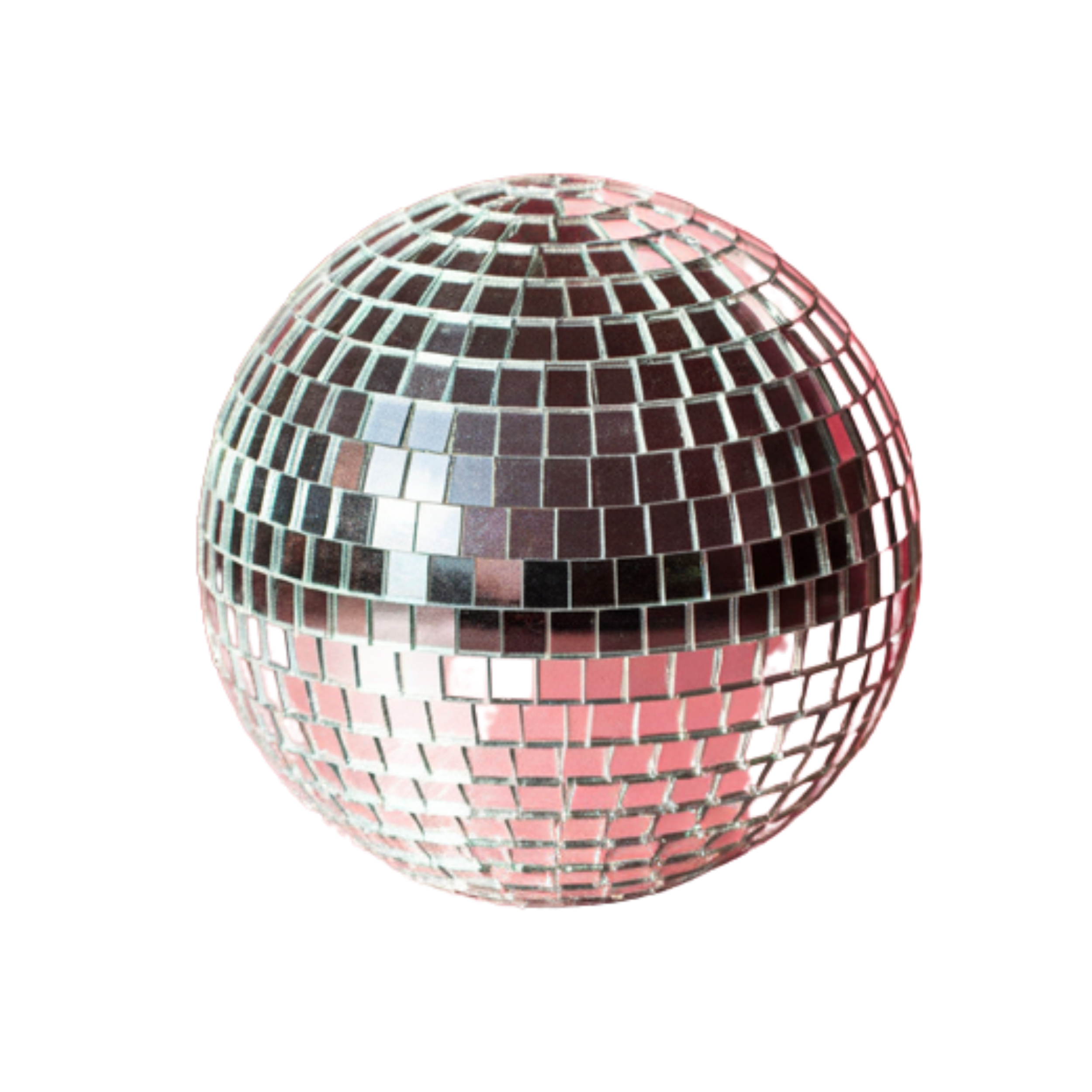 A round disco ball covered in small mirrored tiles reflecting light against a black background.