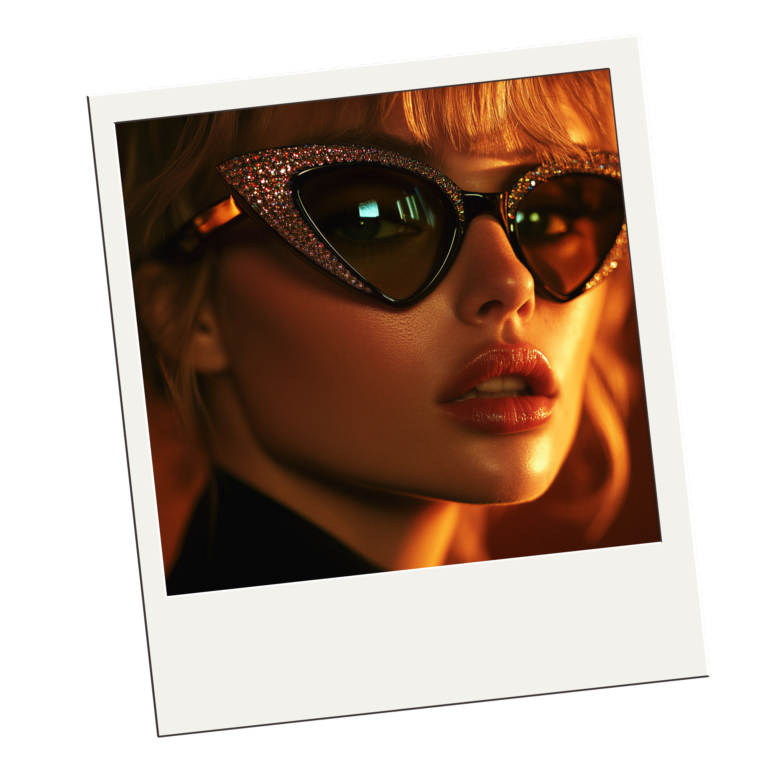 Close-up of a woman with red hair wearing glittery black sunglasses and glossy lipstick in warm lighting.