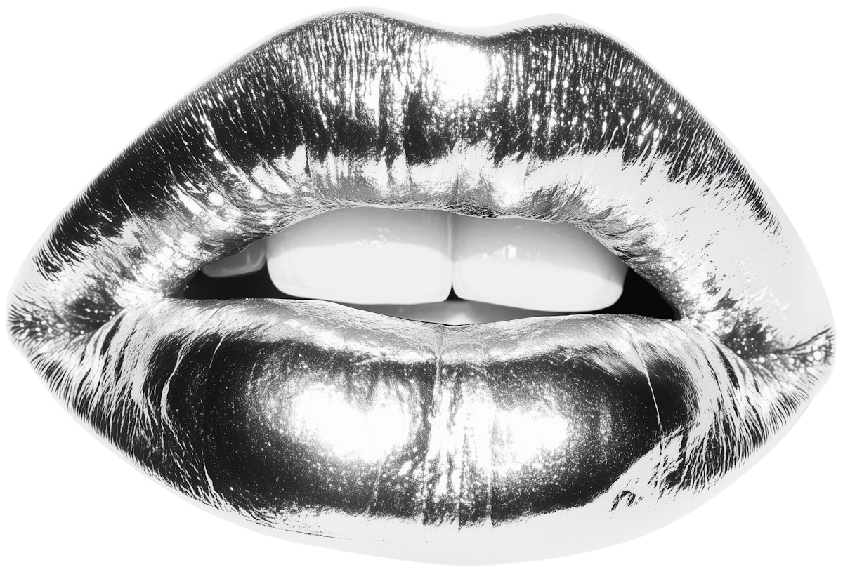 Close-up of lips with metallic, shiny lipstick, slightly parted to reveal teeth.