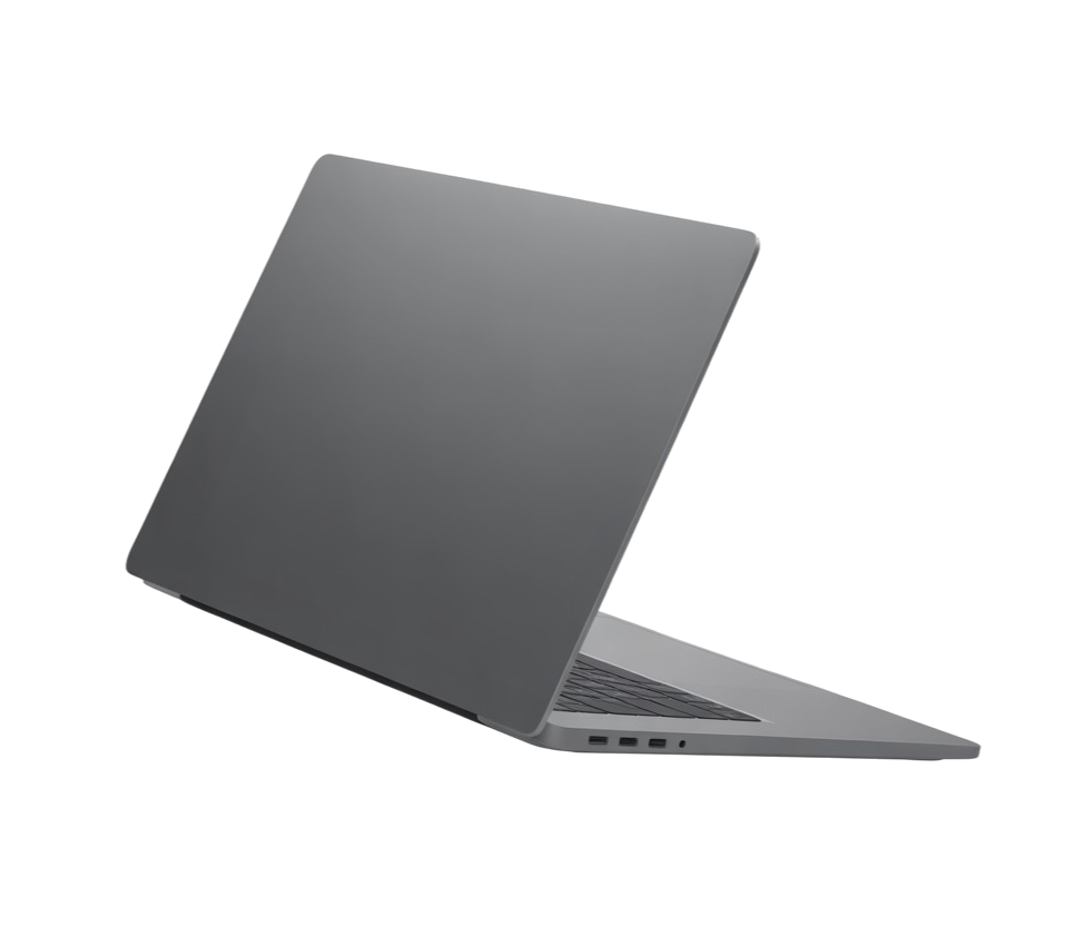 A silver laptop partially open with its lid slightly tilted.
