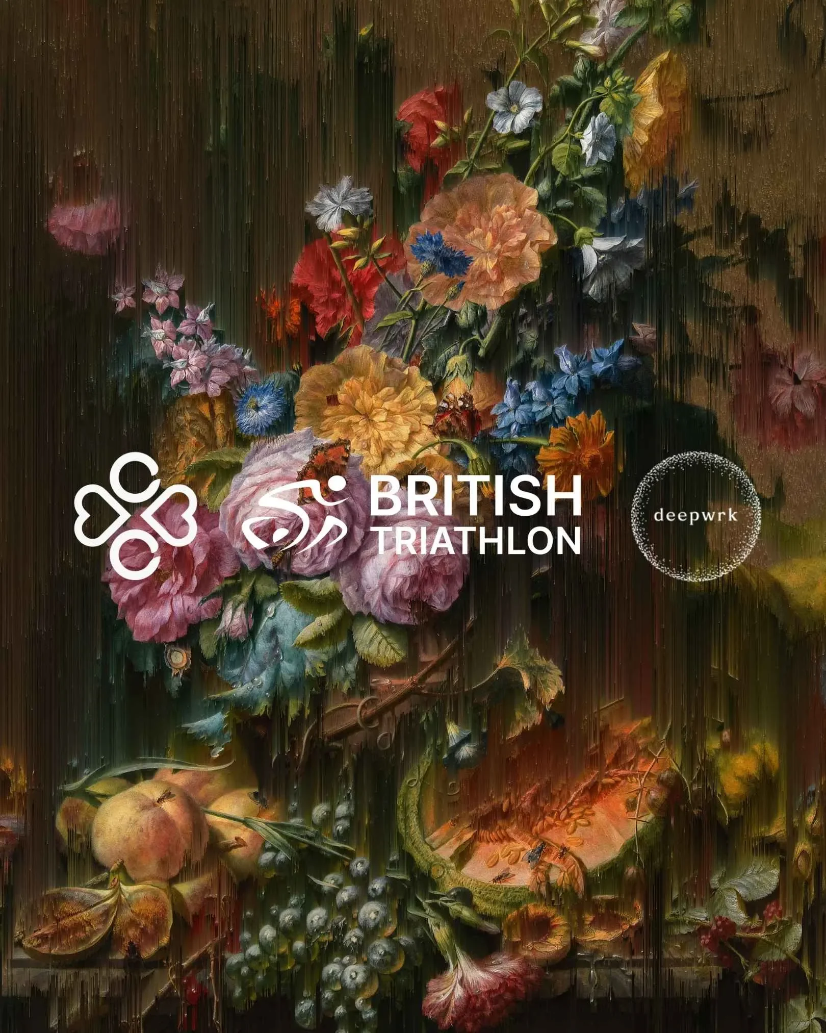 Colorful floral arrangement with various flowers, leaves, and apples on a dark background, with the text 'British Triathlon' and logos overlaid.