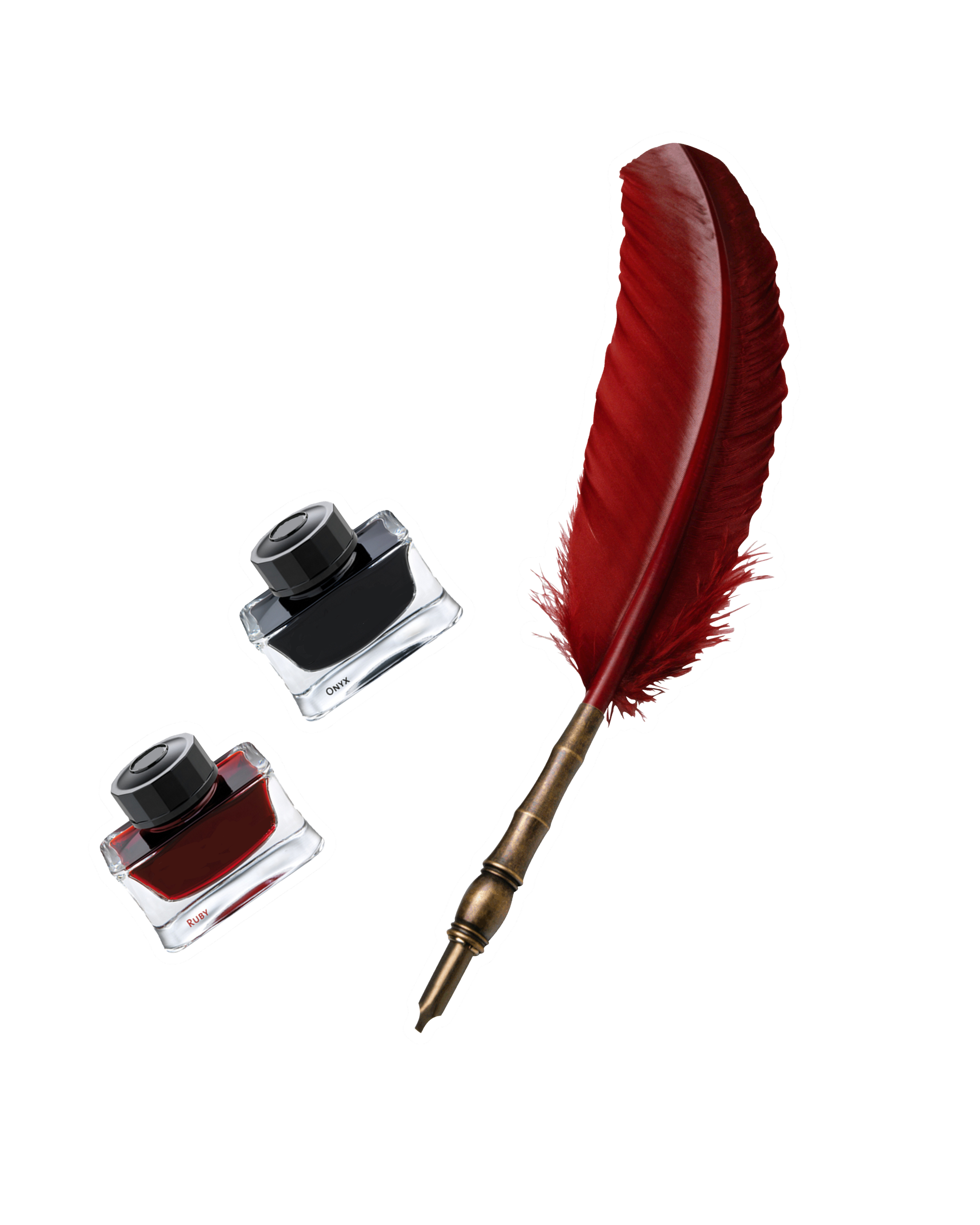 A red quill pen with a brass holder and two small bottles of ink, one labeled 'RUBY' and the other 'ONX'.