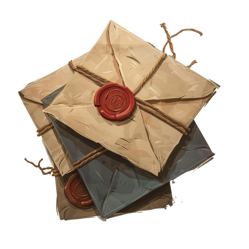 Two sealed envelopes, one beige and one gray, with red wax seals and tied with twine, stacked on top of each other.
