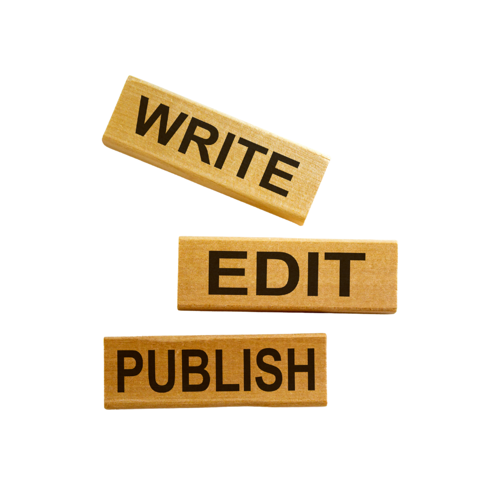 Three wooden Scrabble tiles with the words 'WRITE,' 'EDIT,' and 'PUBLISH' arranged vertically, with 'WRITE' on top, 'EDIT' in the middle, and 'PUBLISH' on the bottom.