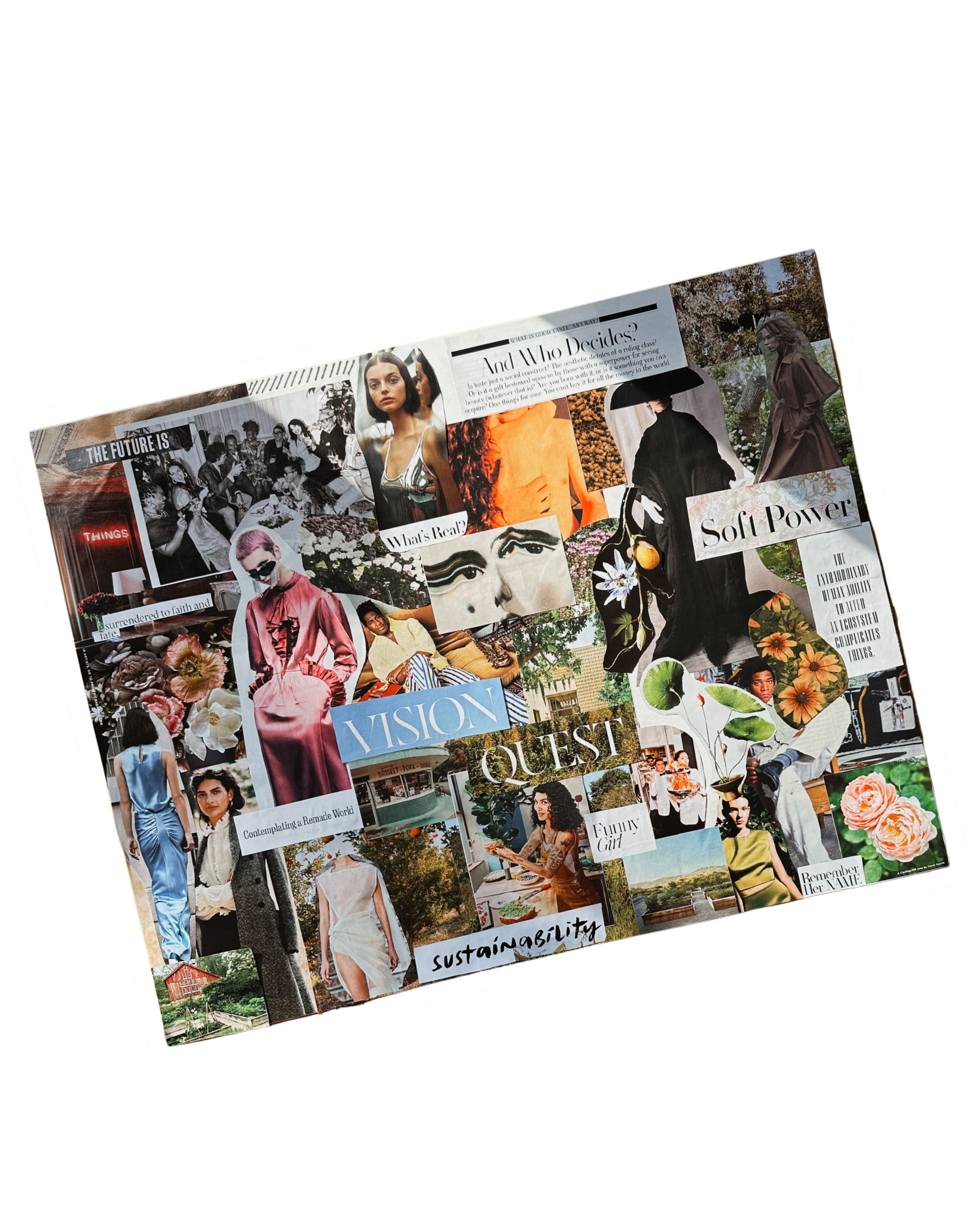 Collage of various images and text related to fashion, sustainability, and empowerment. Includes photos of women, flowers, nature, and inspirational phrases like 'Vision,' 'Quest,' 'Sustainability,' and 'Soft Power.'
