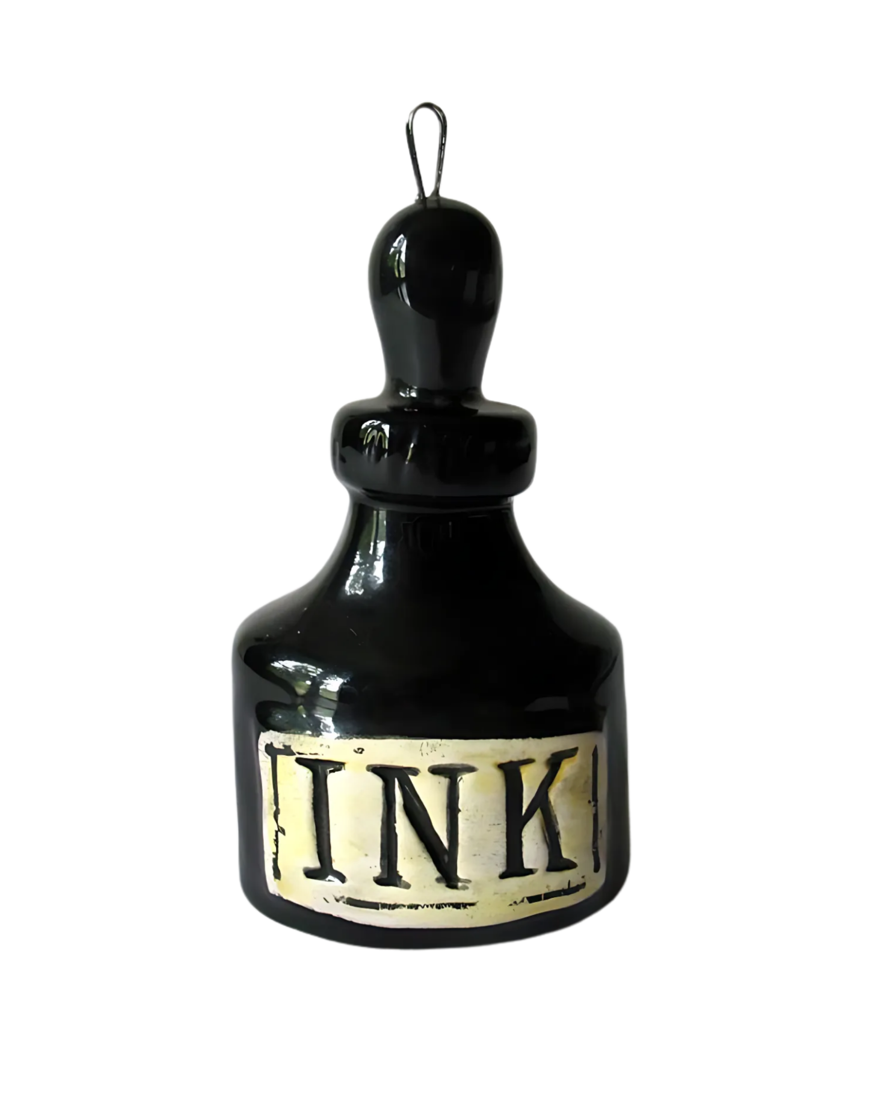 Black ink bottle with a vintage label that says 'INK' in black letters on a white background.