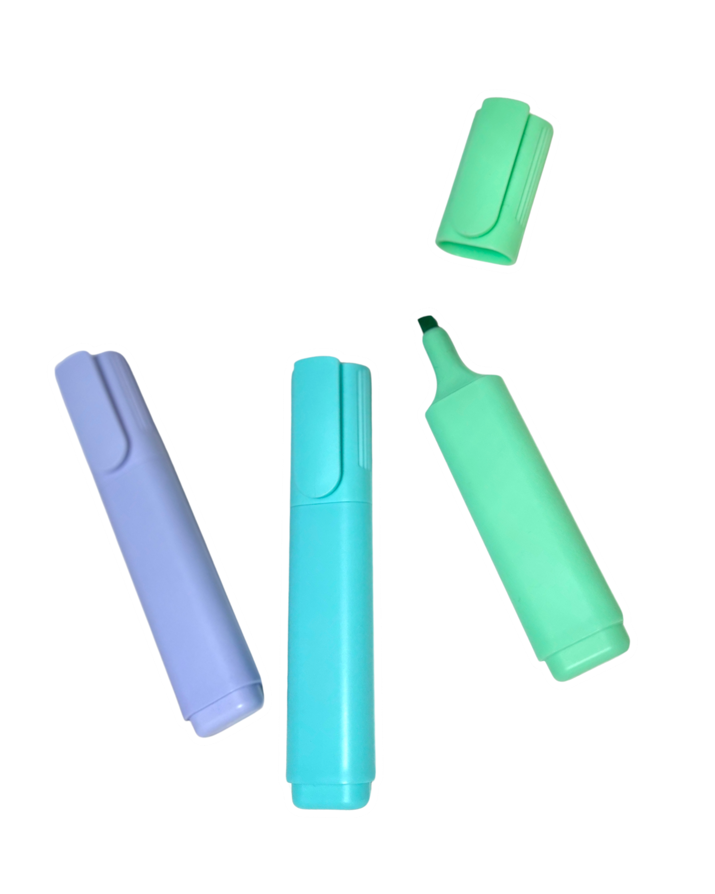 Four dry erase markers in blue, turquoise, green, and light green colors, arranged on a white background.