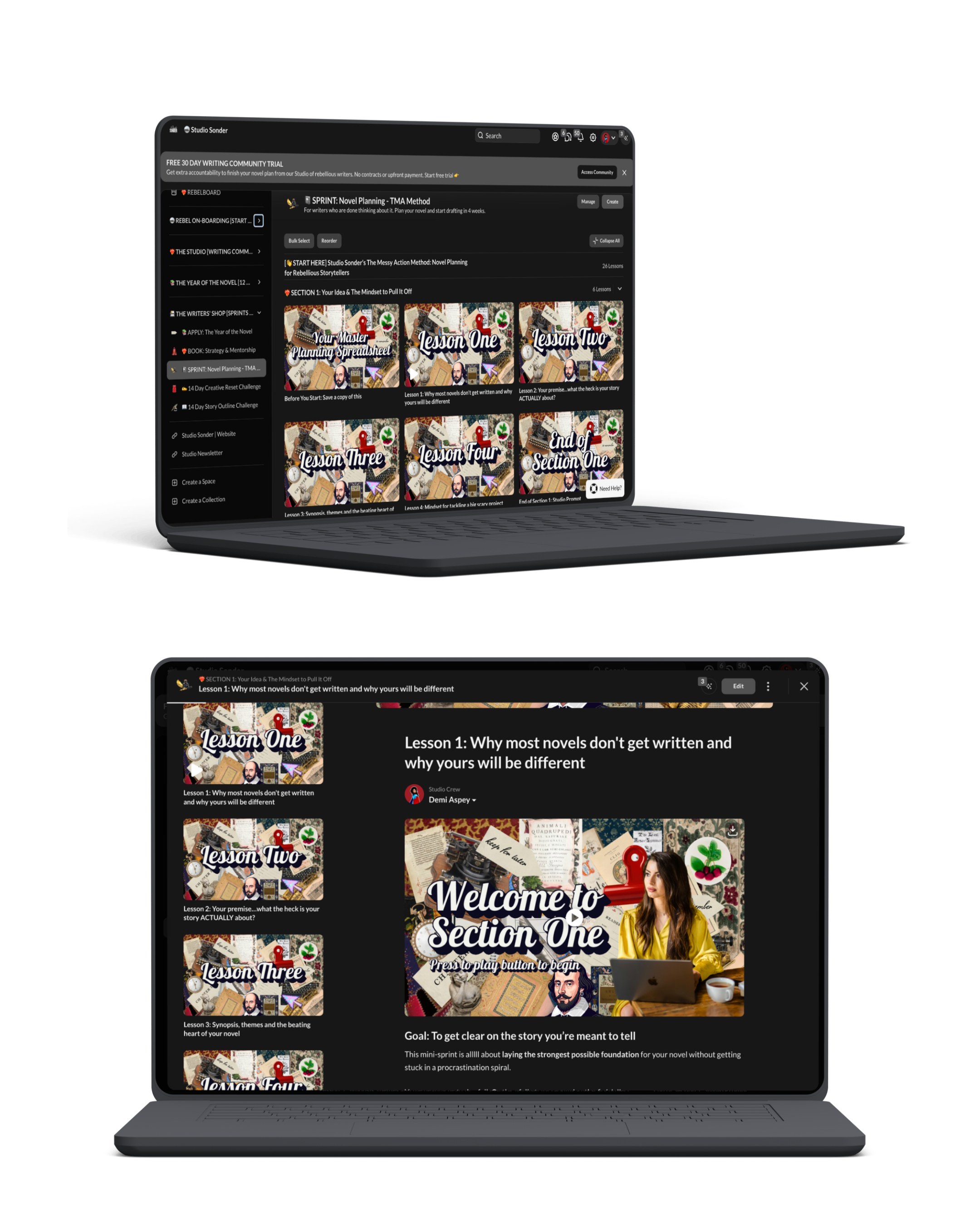 A laptop displaying a digital workspace for a writing course called 'Section One.' The screen shows a black background with various lesson thumbnails featuring collaged images, text, and icons related to storytelling and novel writing. The workspace includes menus, lesson titles, and progress markers for a creative writing course.