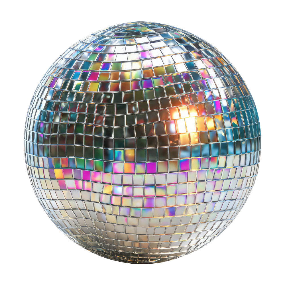 A disco ball with small reflective tiles, showing colorful reflections and a bright light source.