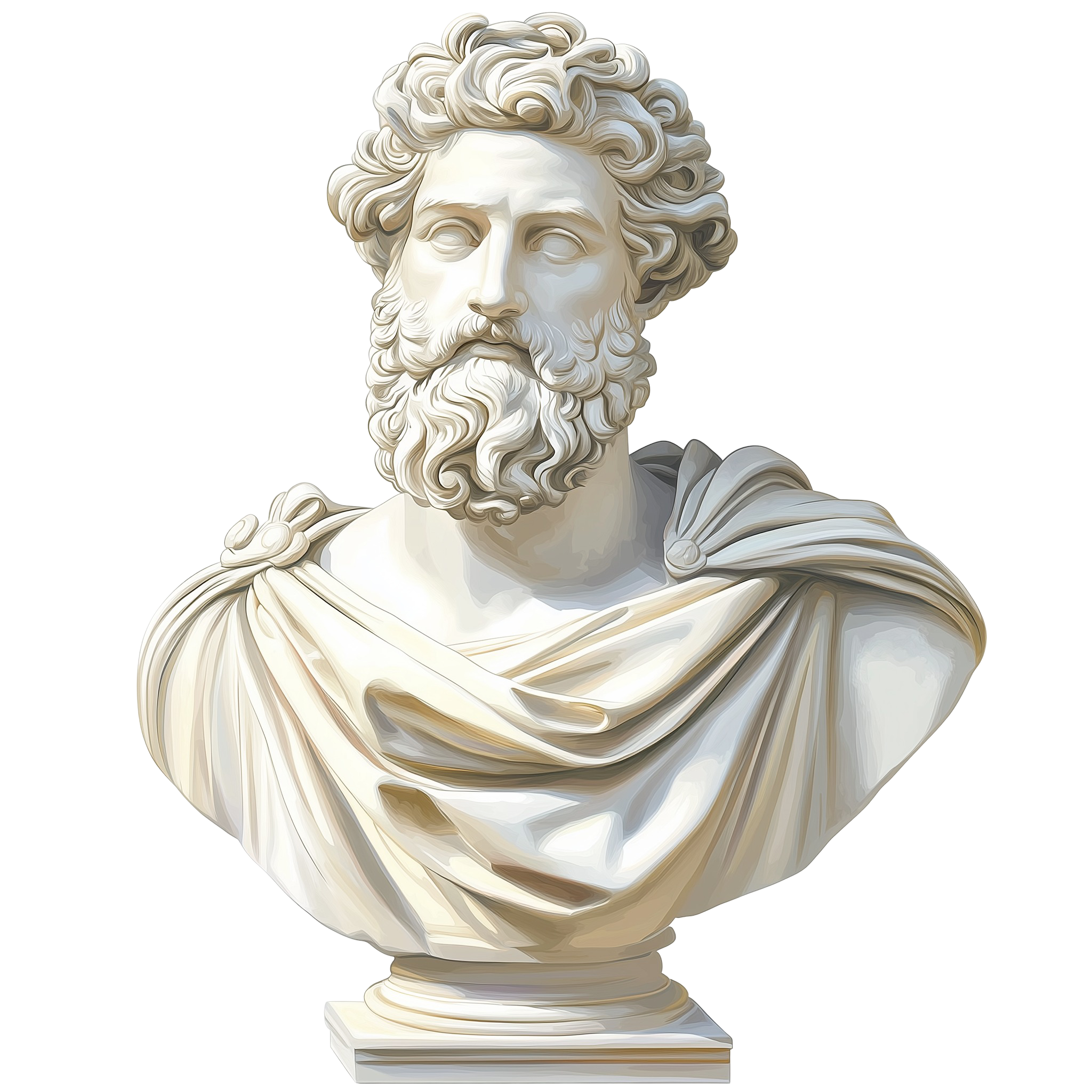 White marble bust of an ancient male figure with a full beard and wavy hair, draped in robes, mounted on a pedestal against a multicolored background.