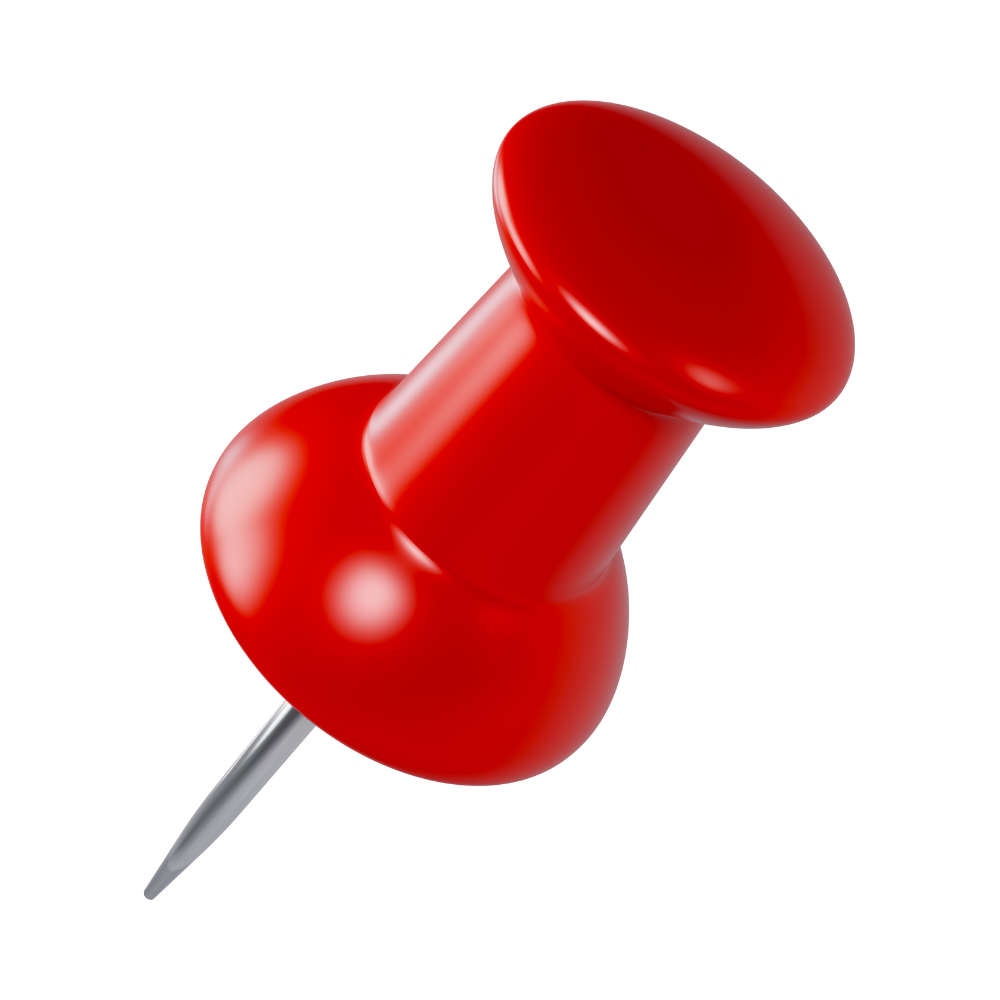 A red push pin standing upright with a shiny surface.