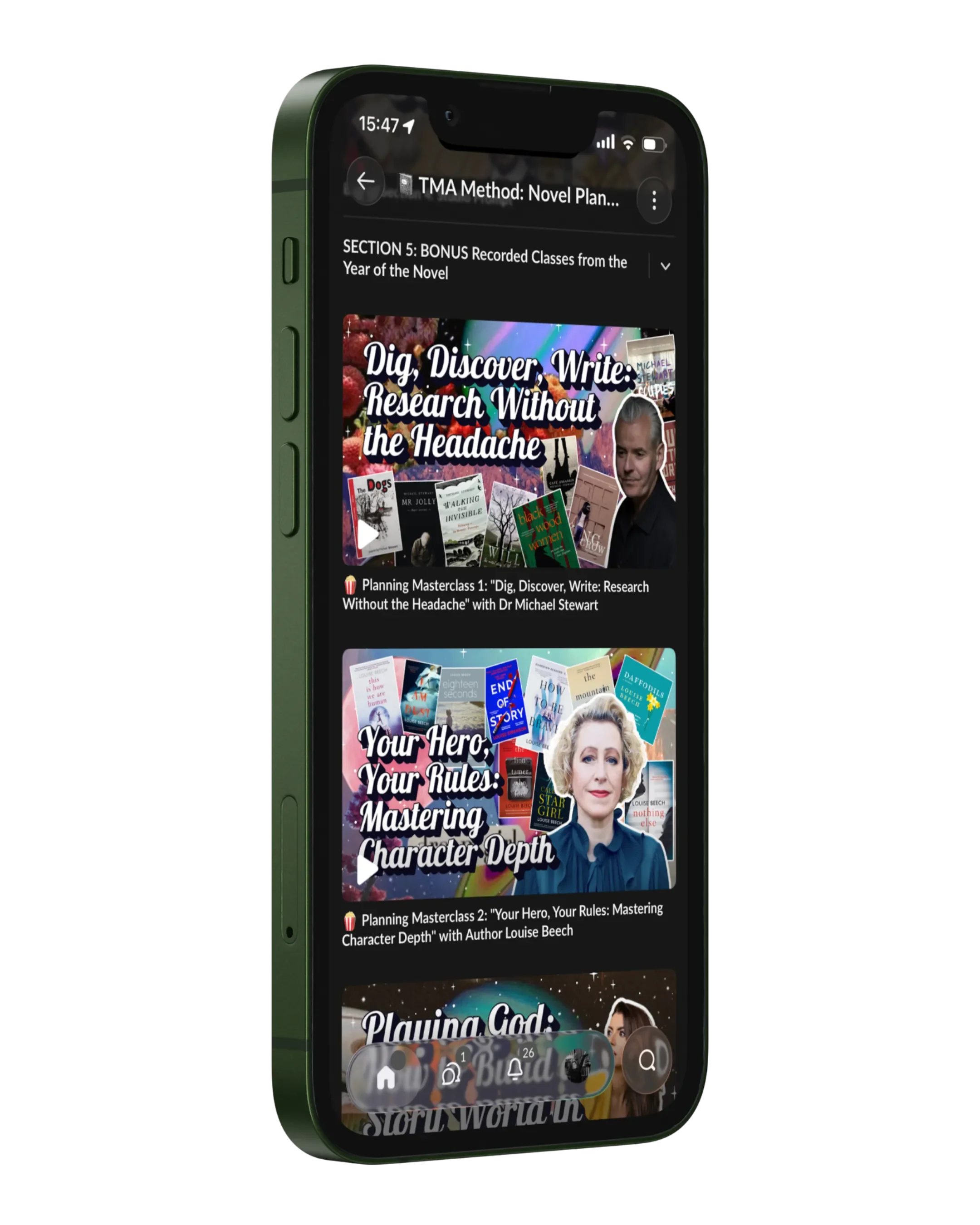 Screenshot of a mobile app on an iPhone with a green frame, displaying a list of books and prep classes about writing and character development, with titles and images of book covers and a woman with blonde hair.