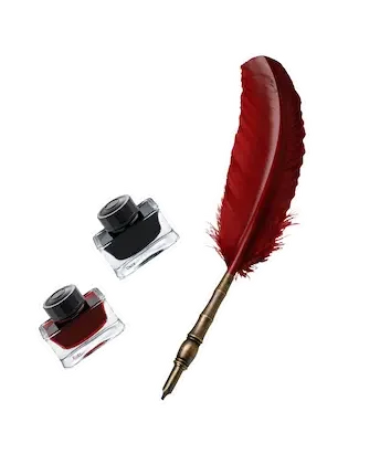 A red feather quill pen, two small bottles of black and red ink, all set against a black background.