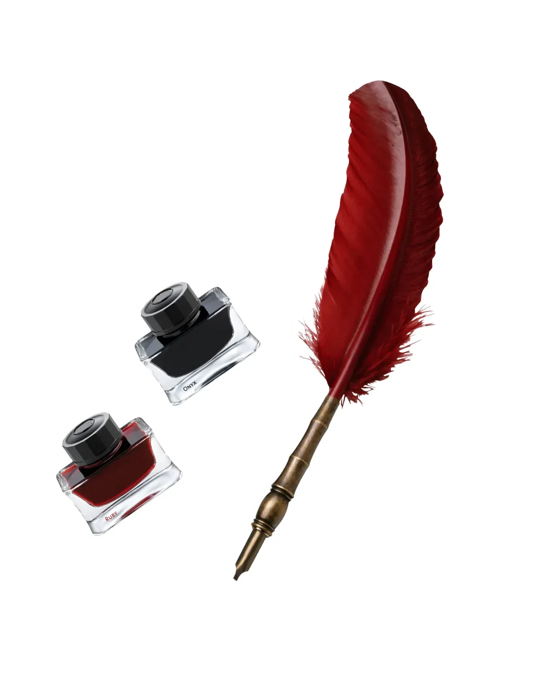 A red feather quill and two bottles of ink, one labeled 'Ruby' in red ink and the other labeled 'Onyx' in black ink.