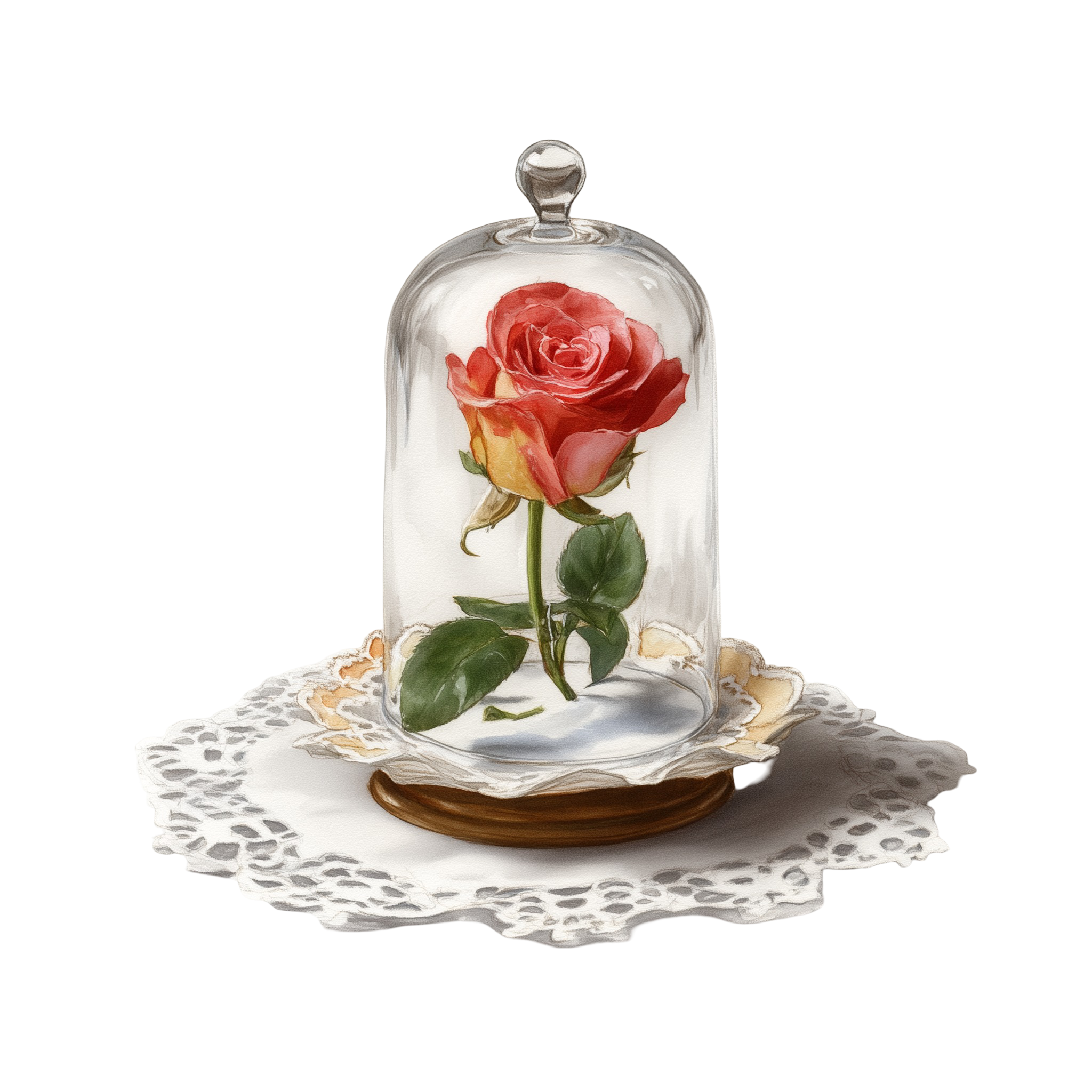 A glass dome with a red and yellow rose inside, placed on a lace doily on a table.