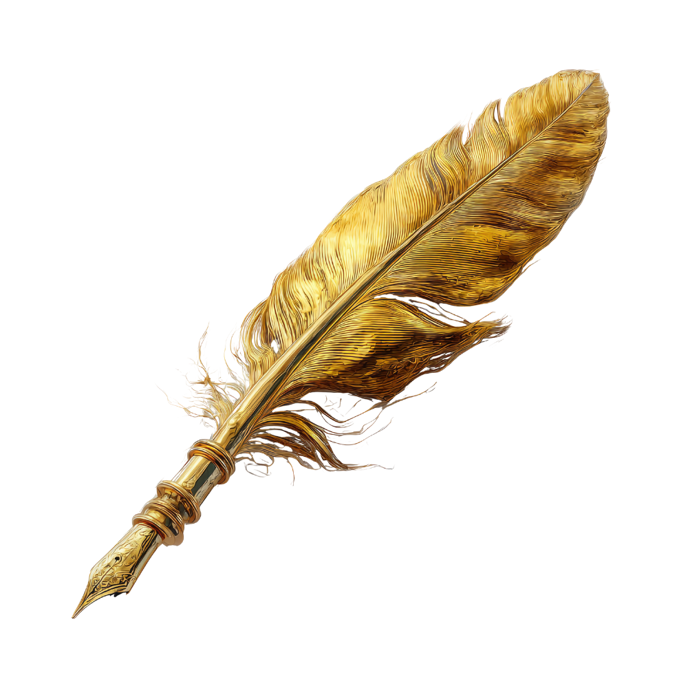 A gold-colored feather quill pen with ornate design elements.