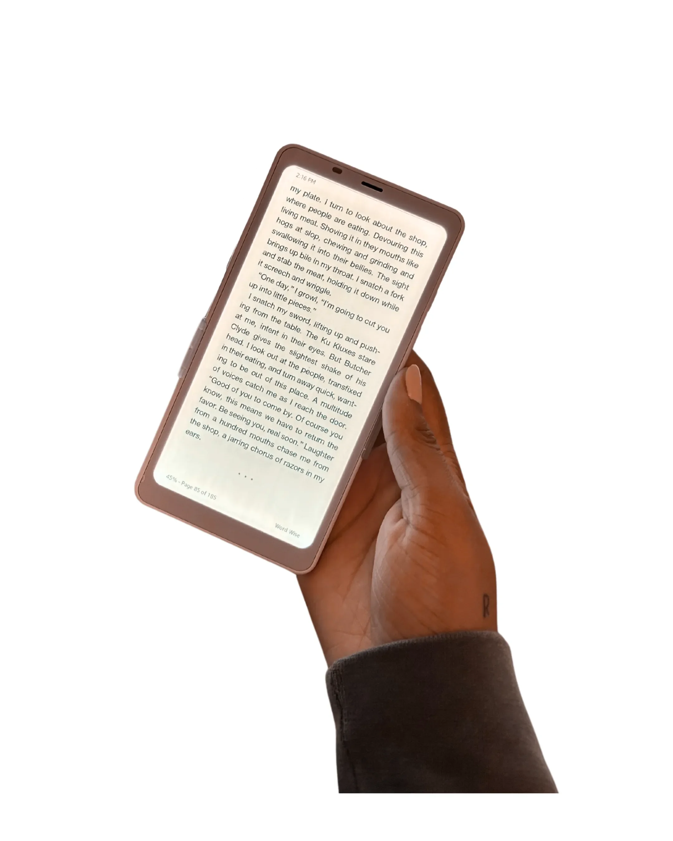 Hand holding a smartphone displaying a page of text in an e-book or document.