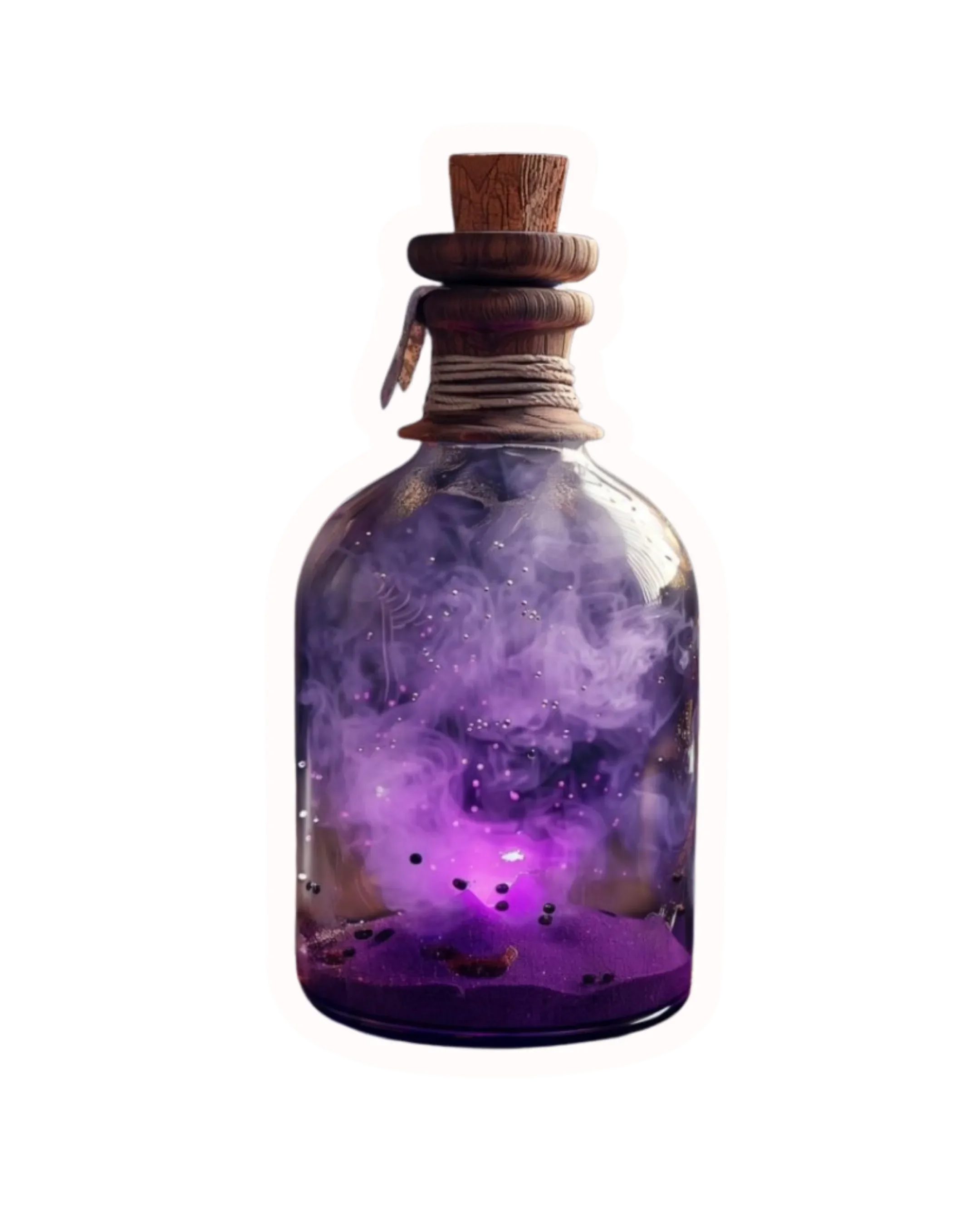 A glass potion bottle with swirling purple mist inside, sealed with a cork stopper, surrounded by a white outline.