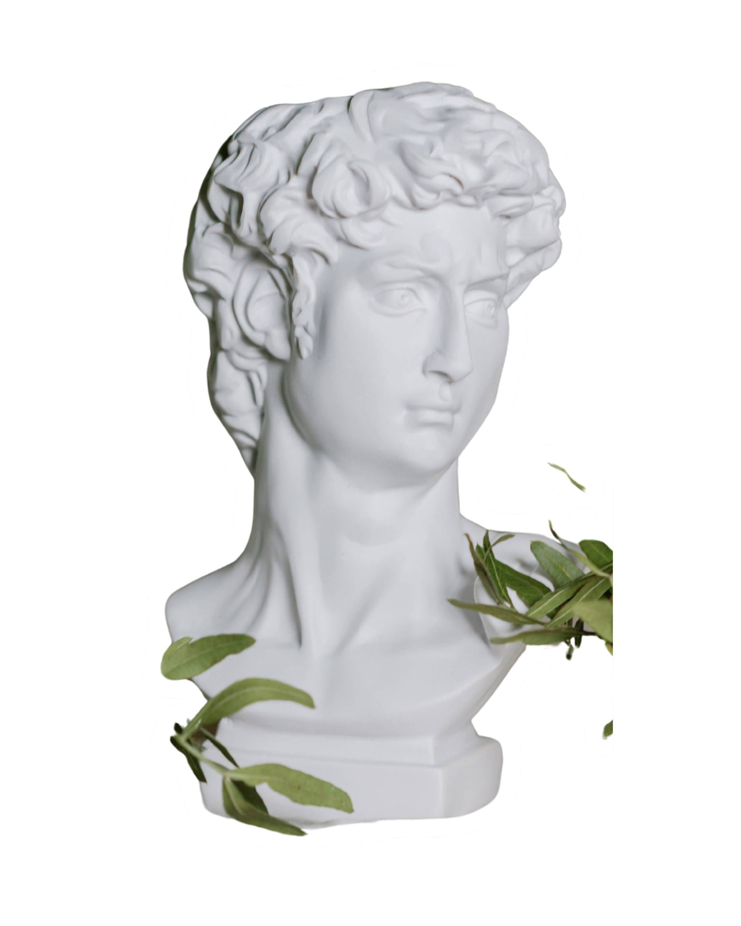 White marble bust of a young woman with curly hair, decorated with green leaves around the base.