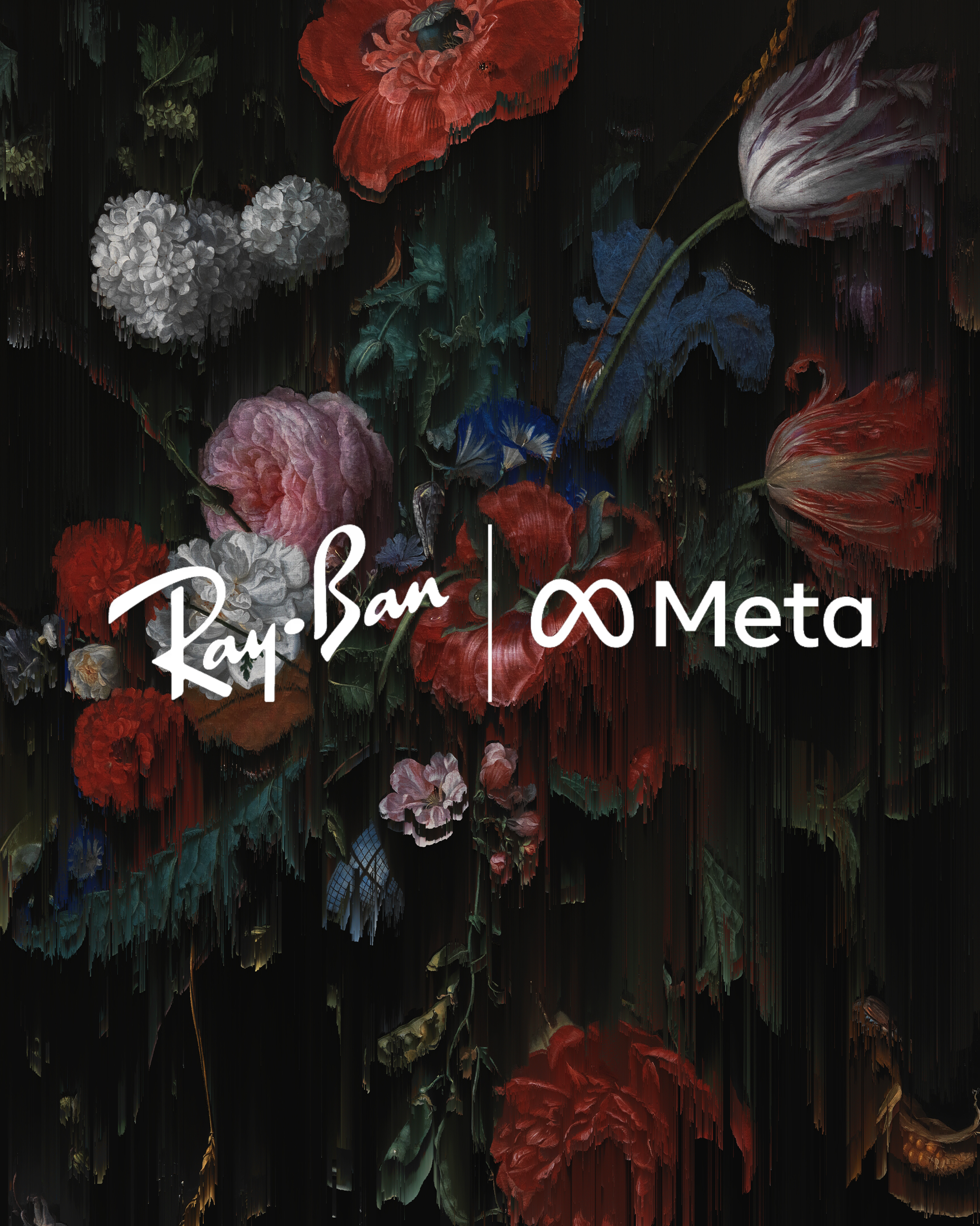 A digital art image featuring a variety of stylized flowers on a dark background with the logos of Ray-Ban, Meta, and an infinity symbol.