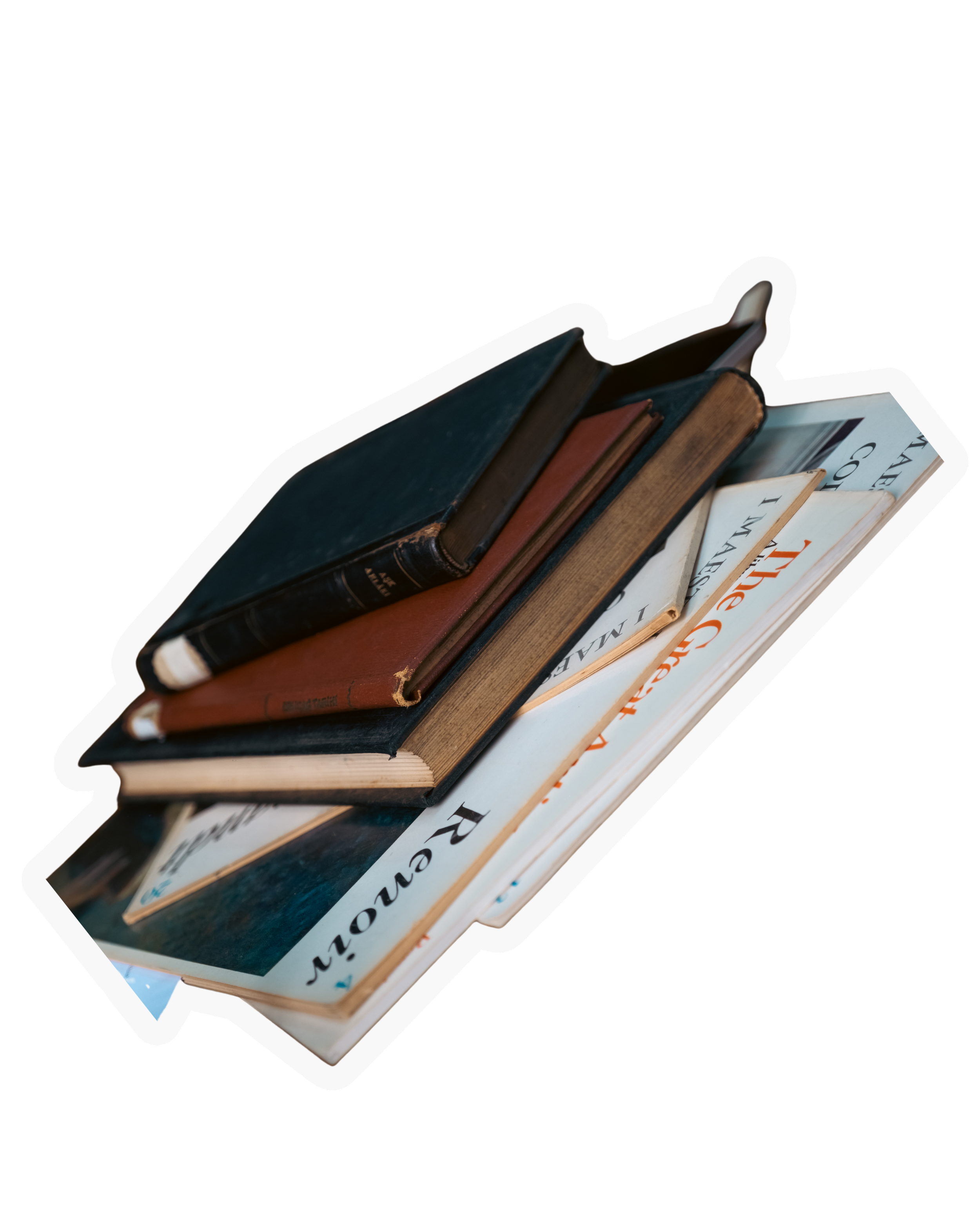 A sticker of a stack of various books, including hardcover and paperback editions.