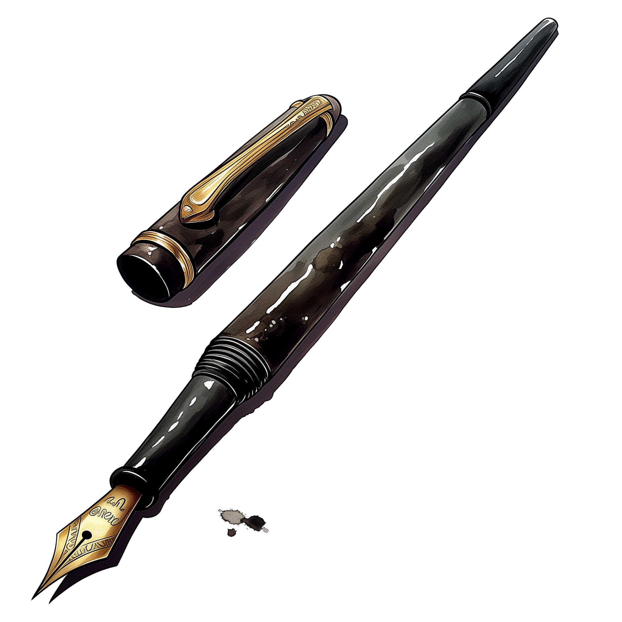 Close-up of a black fountain pen with gold accents and a white sheet of paper beneath it, with a small bottle of ink nearby.