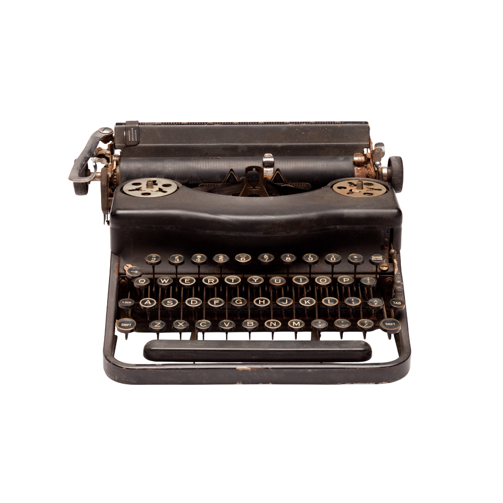 An old-fashioned black typewriter with round keys and a metal carriage against a black background.
