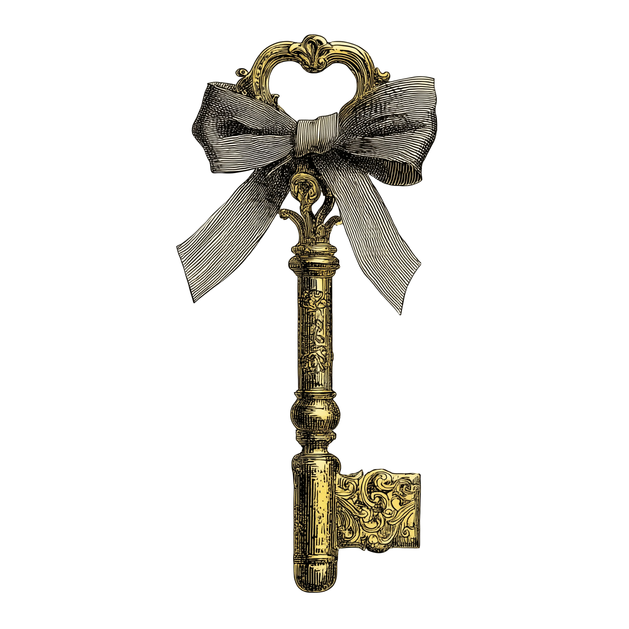 A decorative gold and black ornate key with a large bow, adorned with a bow and a red heart in the background.