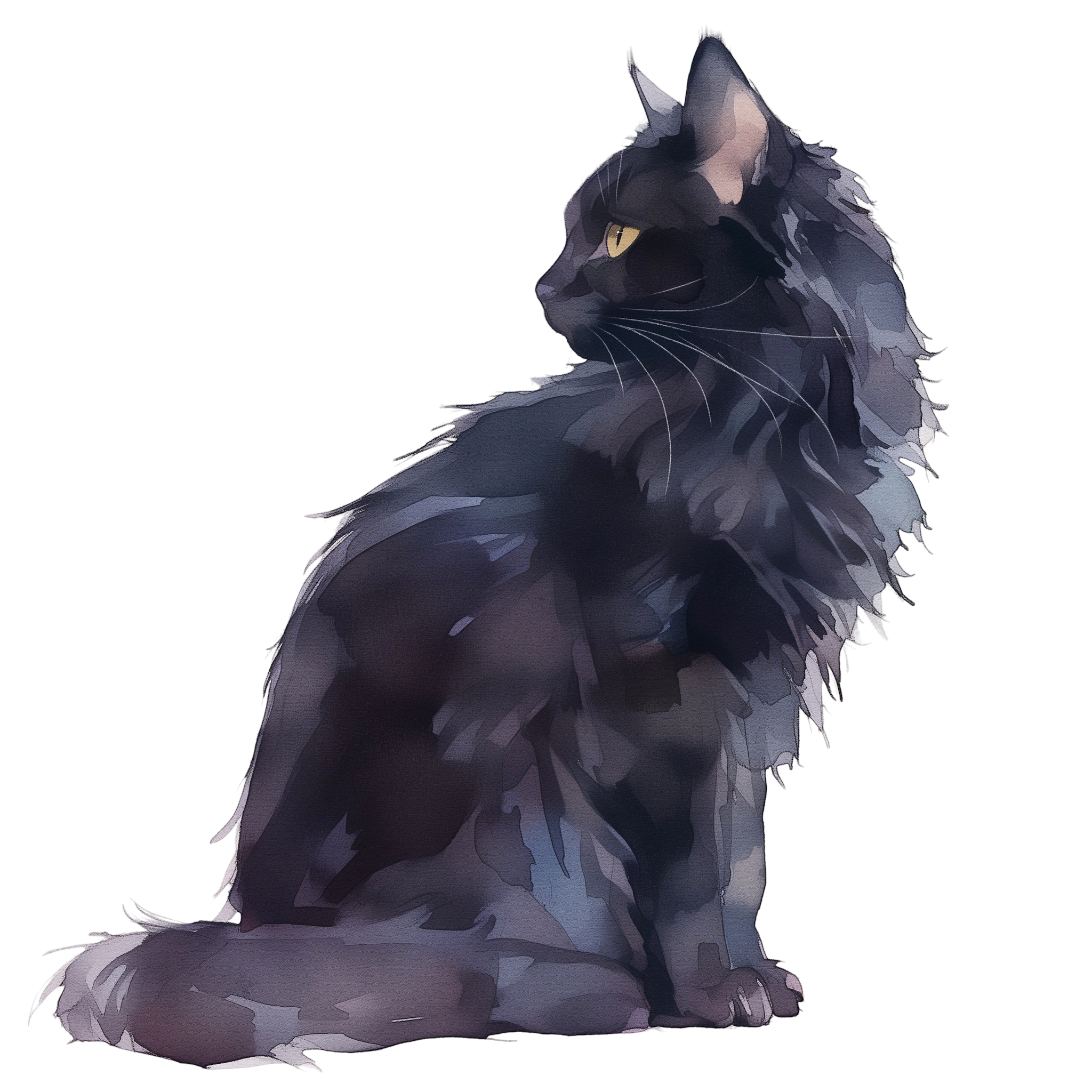 Digital artwork of a black cat with yellow eyes looking to the side, with detailed fur and whiskers against a transparent background.