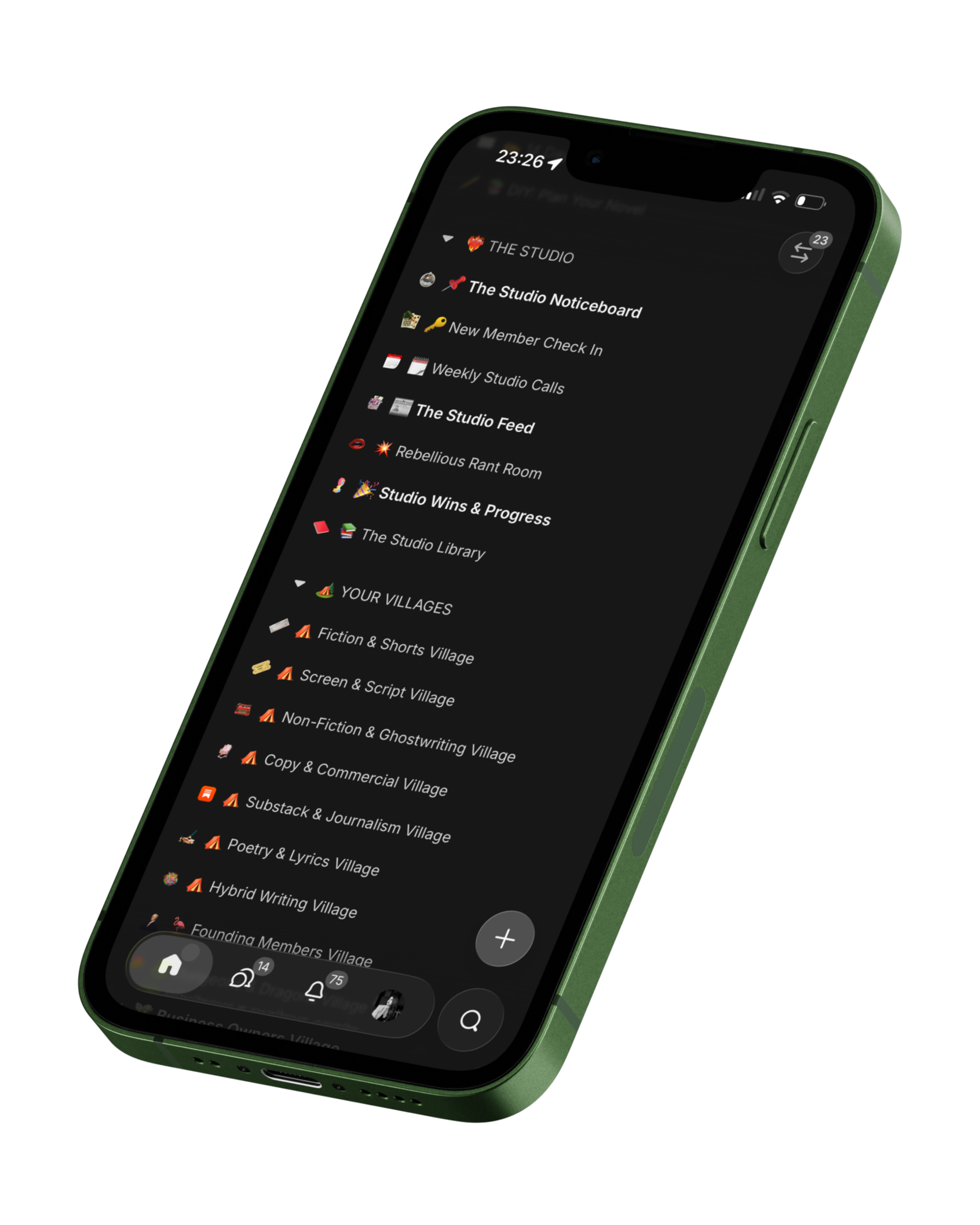 Smartphone screen displaying a messaging app with multiple channels and groups listed in a dark theme, including sections labeled 'The Studio,' 'Your Villages,' and various subgroups.