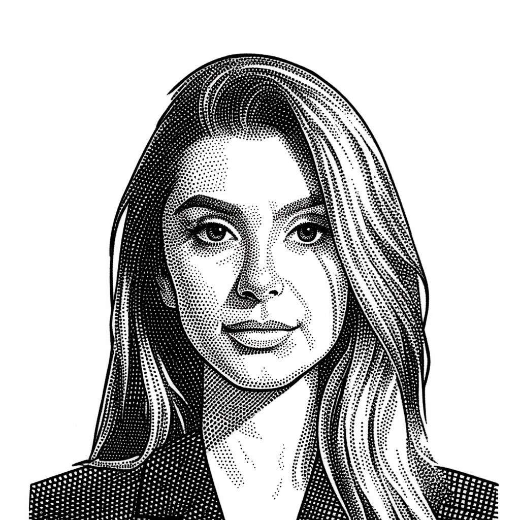 Black and white digital illustration of a woman with long wavy hair, looking directly at the viewer.