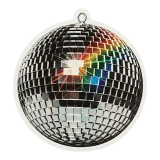 A reflective disco ball with small mirrored tiles, displaying a rainbow-colored light reflection.