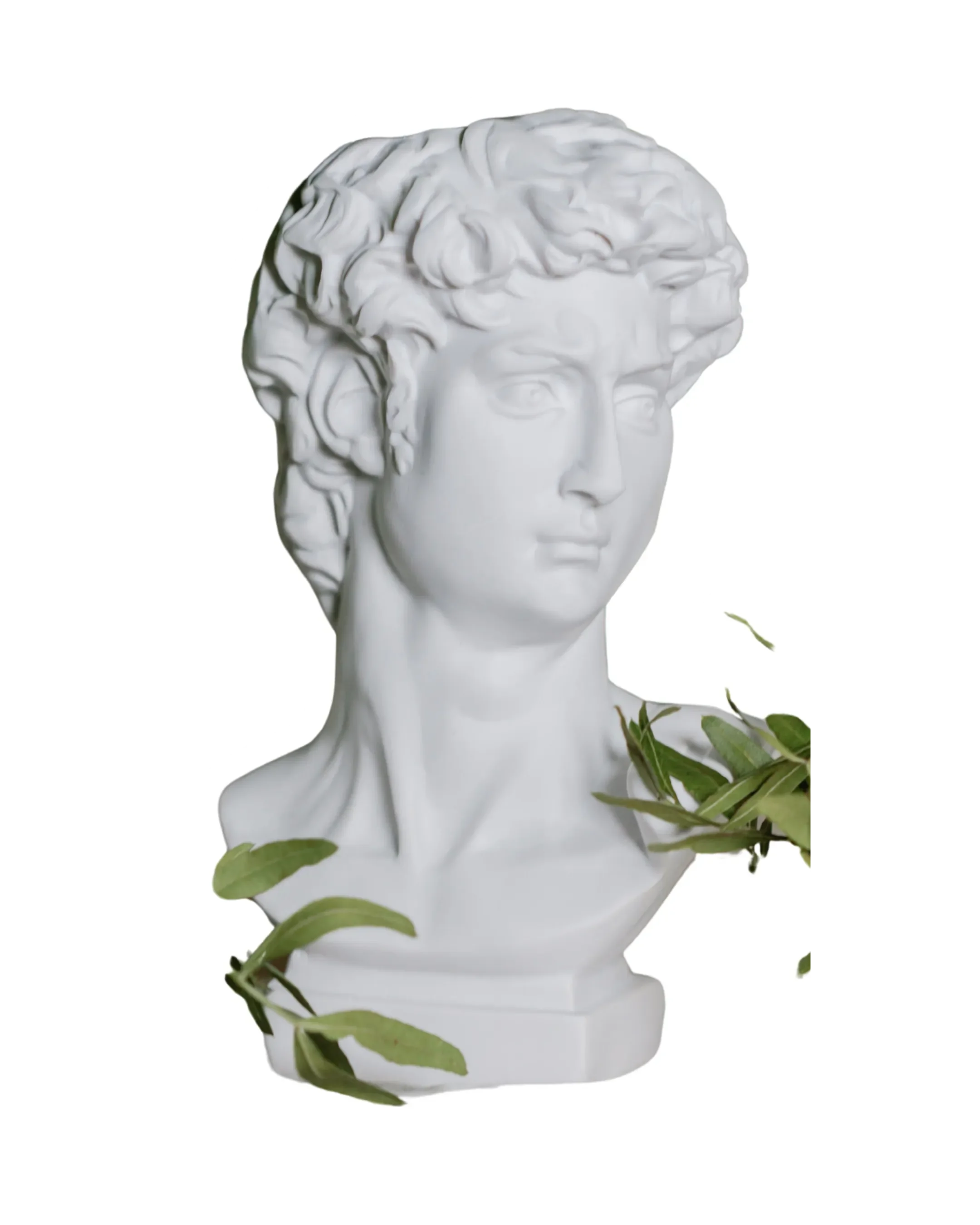 White bust sculpture of a woman with leaves around it