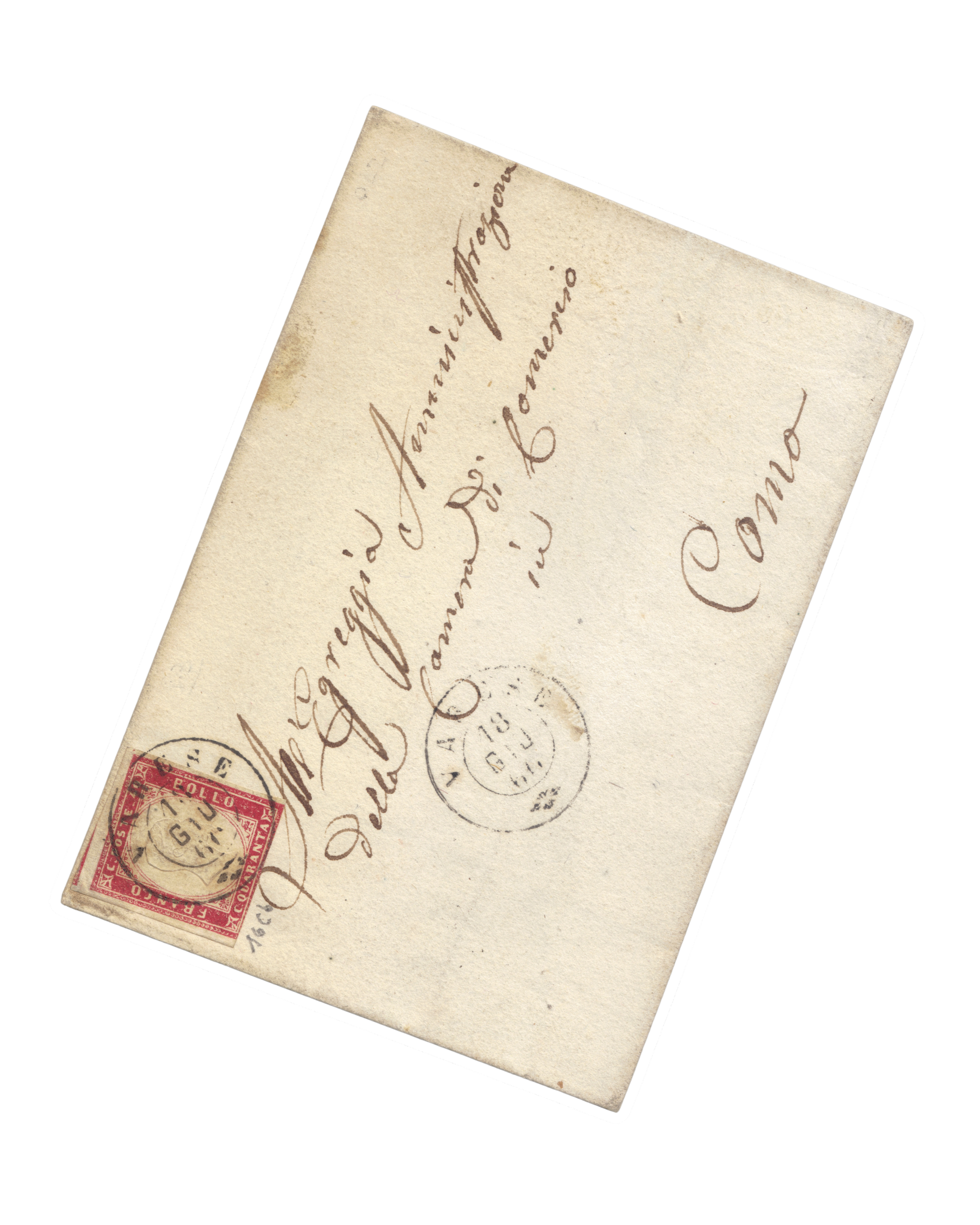 An old postcard with handwritten script and a red postage stamp, partially overlapping postal stamps.