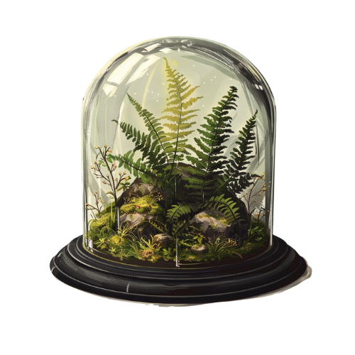 Terrarium with green ferns, moss, rocks, and small plants inside a glass dome on a black base.