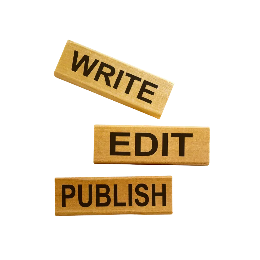 Wooden Scrabble tiles displaying the words 'WRITE', 'EDIT', and 'PUBLISH' arranged vertically.