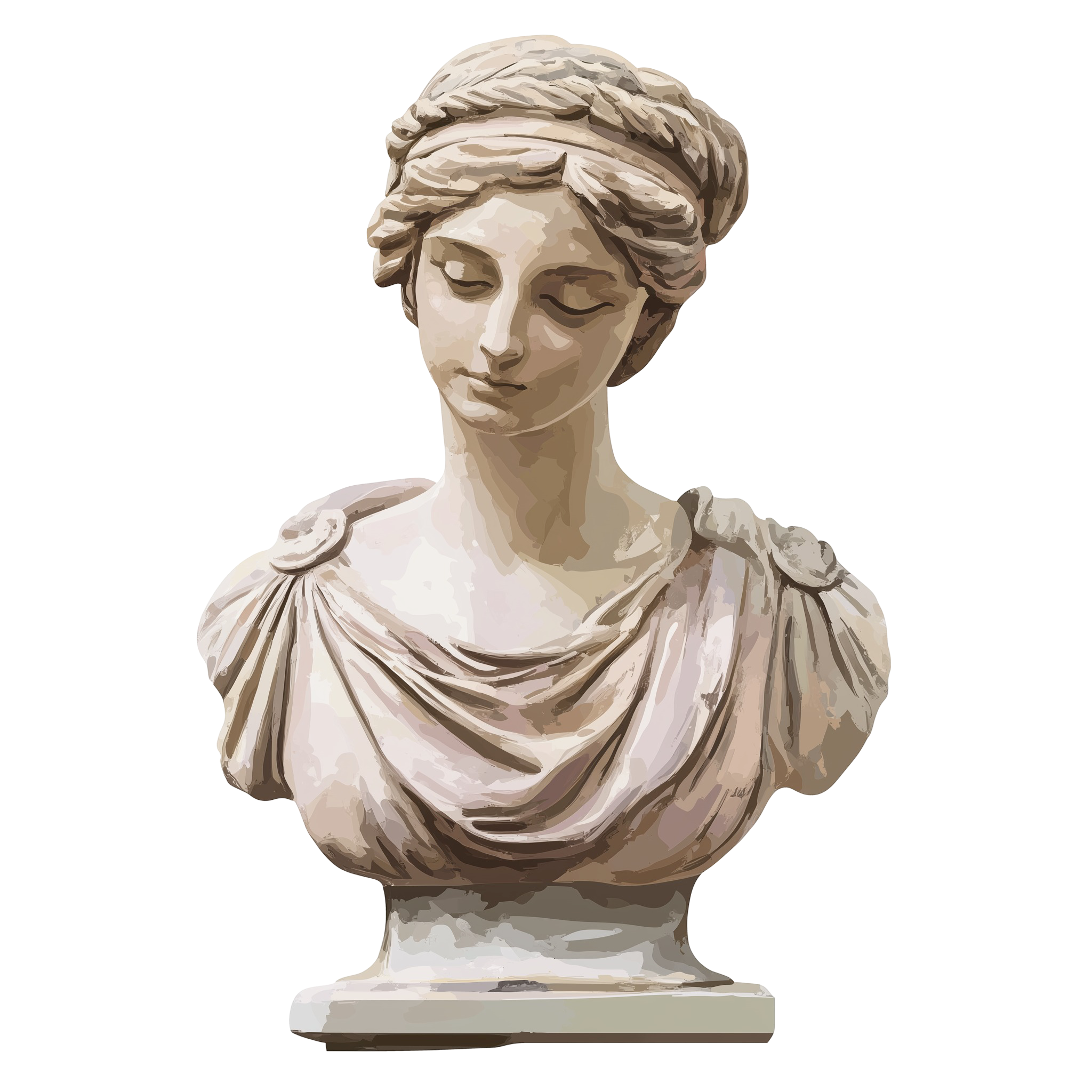 A classical-style bust sculpture of a woman with curly hair and a draped dress.
