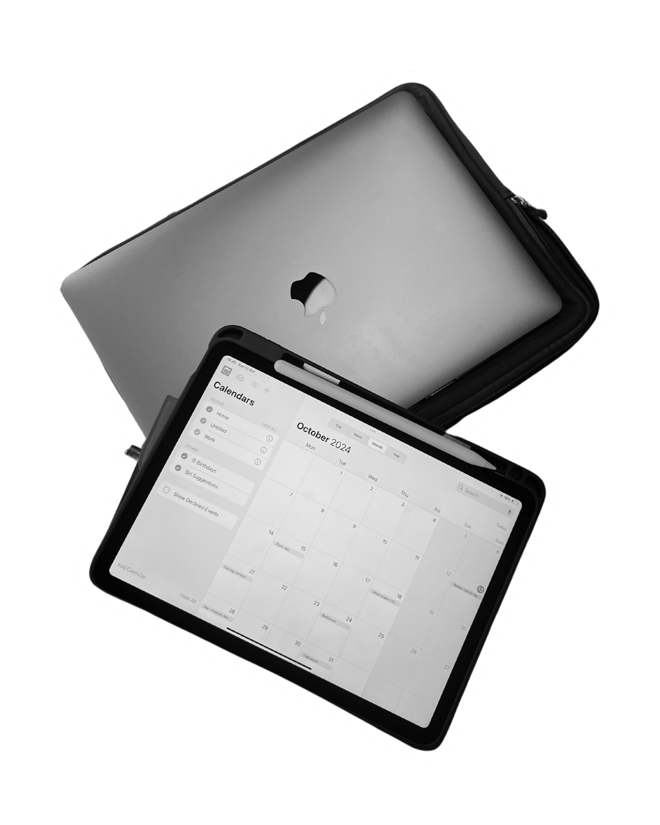 An iPad displaying a calendar for October 2024 inside a black protective case, with a closed MacBook laptop in a white case resting behind it.