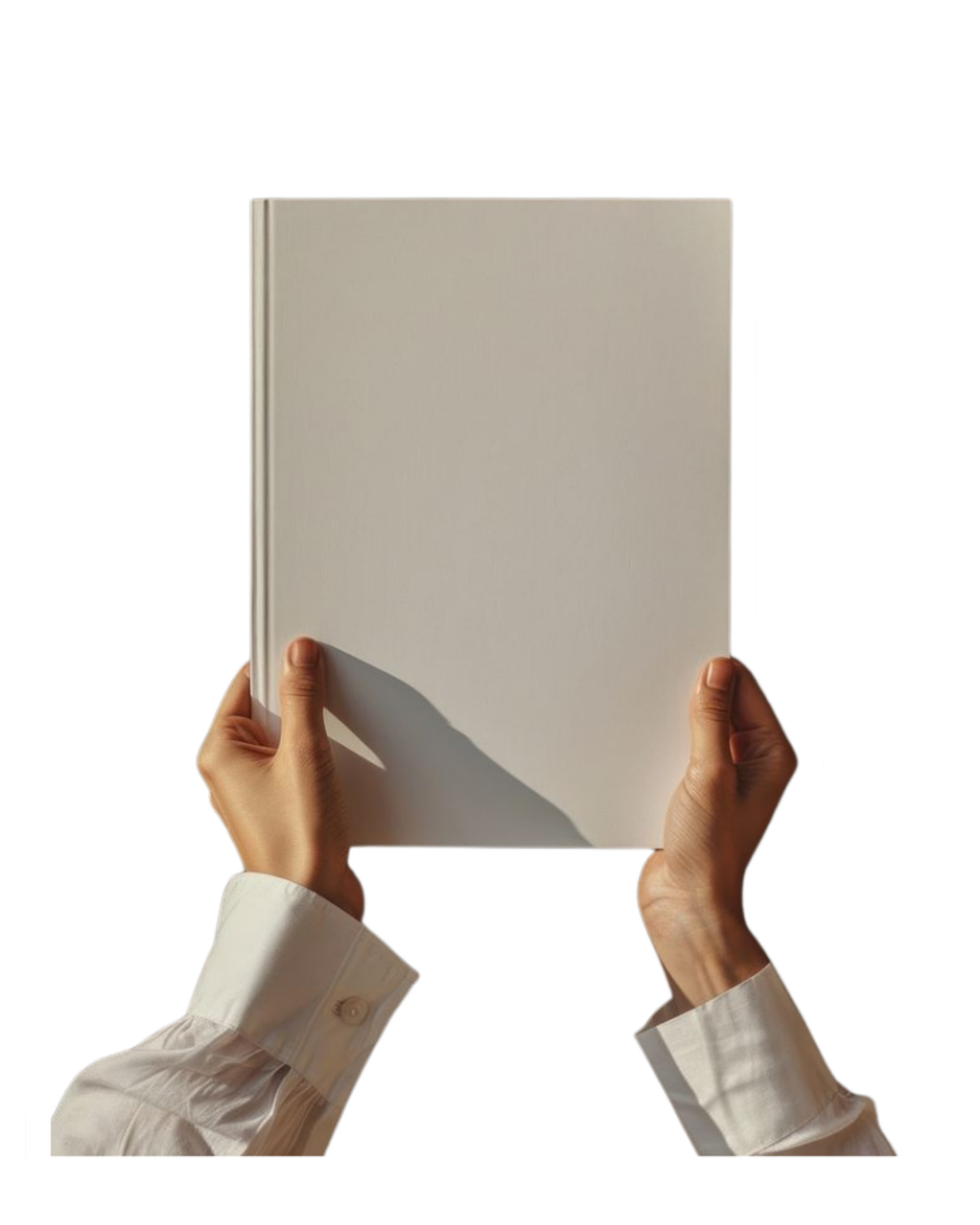 Two hands holding a white closed notebook or journal with no visible title or markings.