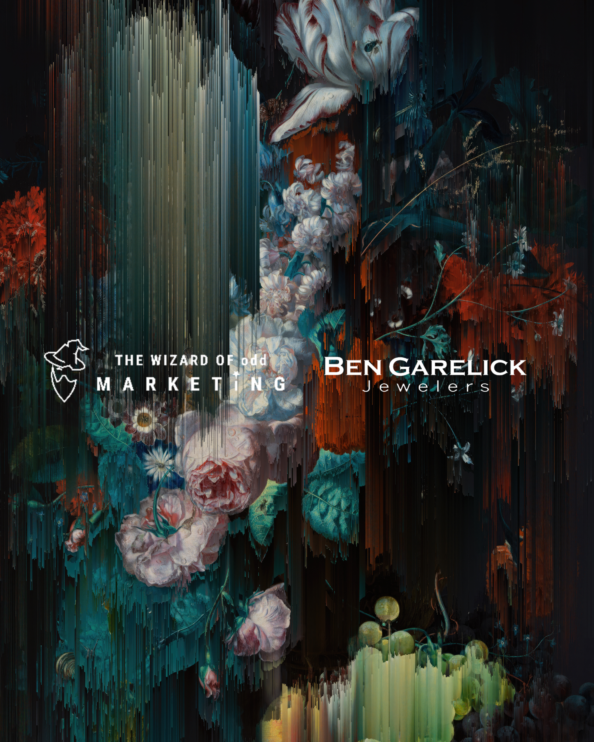 Abstract digital artwork with floral elements, including roses and leaves, overlaid with text and logos for The Wizard of Odd Marketing and Ben Garelick Jewelers.