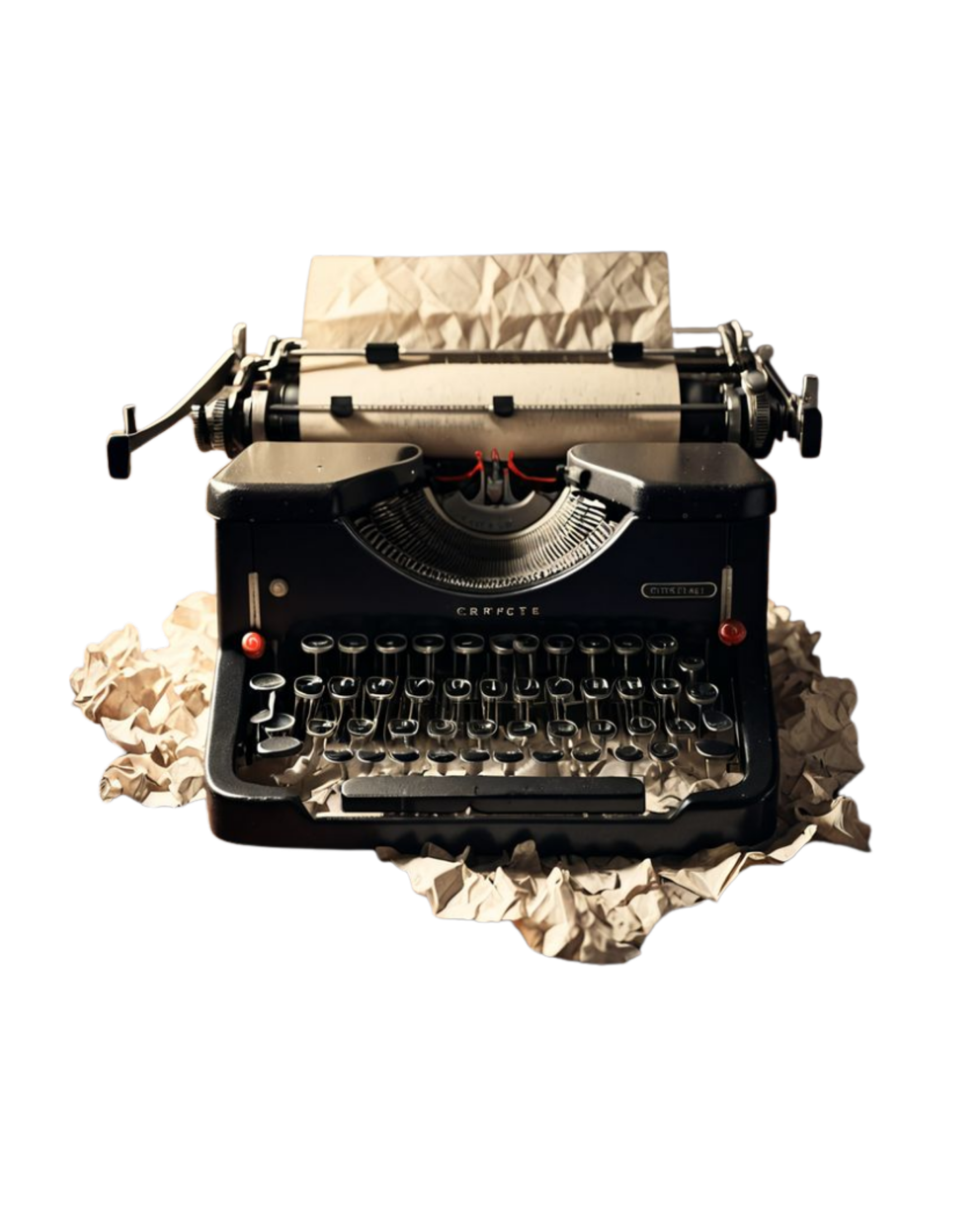 Vintage typewriter on crumpled paper with a black background.