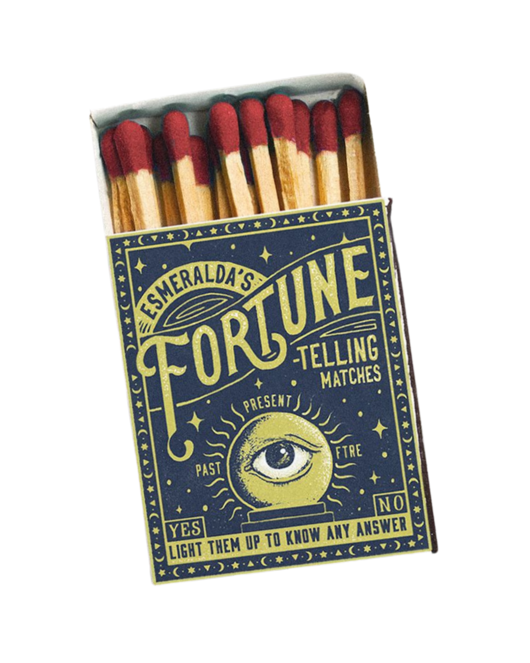 A box of matchsticks with a mystical design on the cover resembling tarot cards, labeled 'Esmelda's Fortune-Telling Matches,' featuring an eye and celestial symbols.