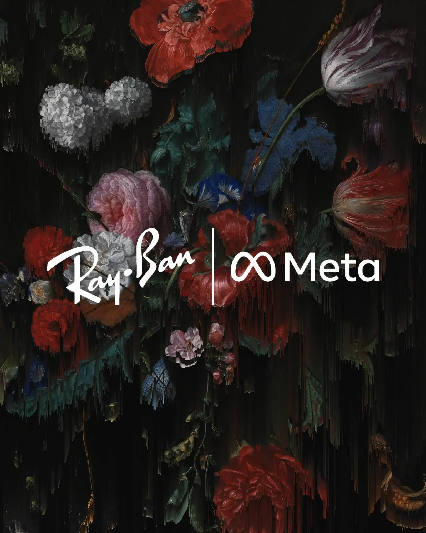Dark floral background with colorful flowers, overlaid with the logos of Ray-Ban, Meta, and an infinity symbol.