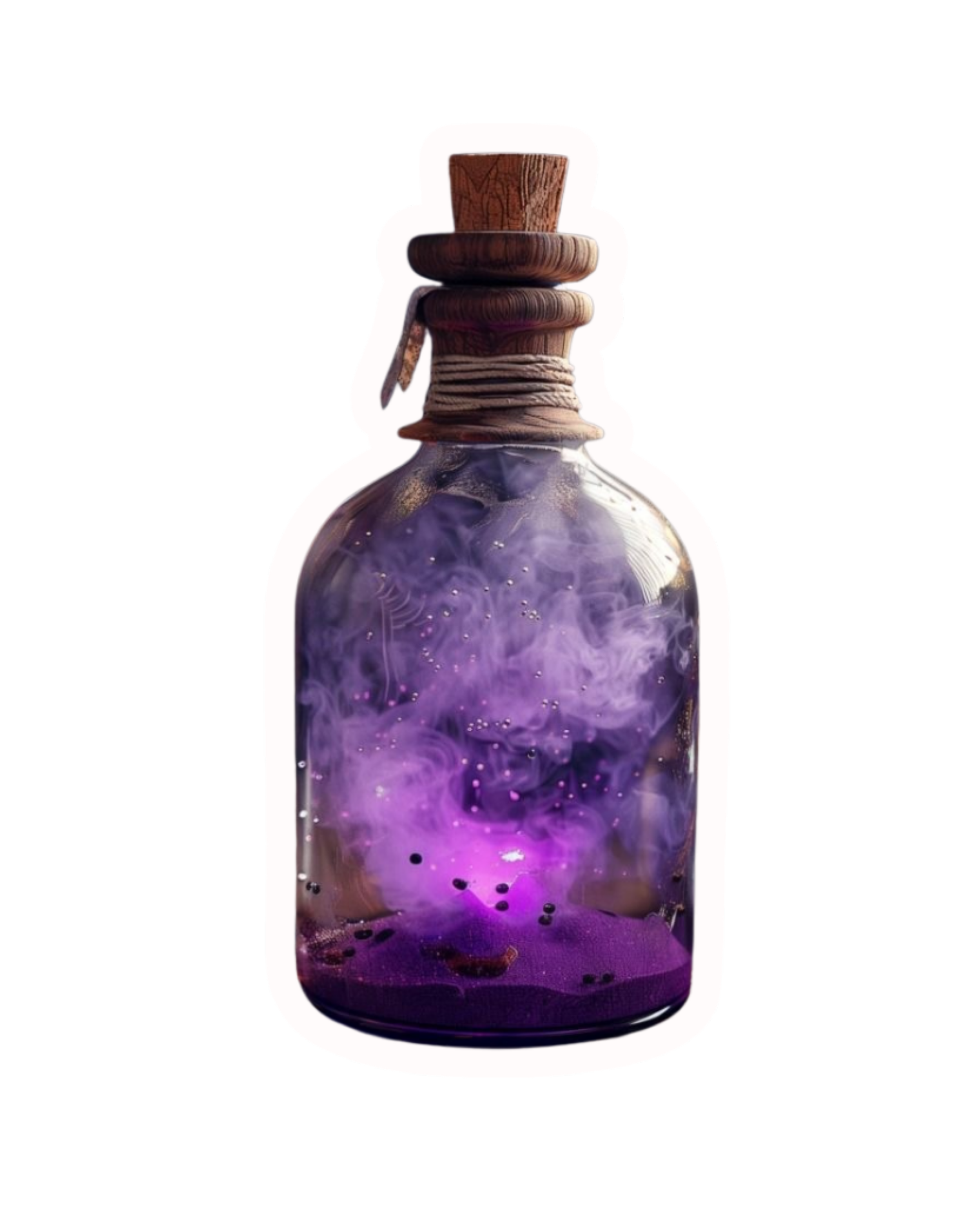A potion bottle with a wooden cap, filled with swirling purple smoke and glittery particles.