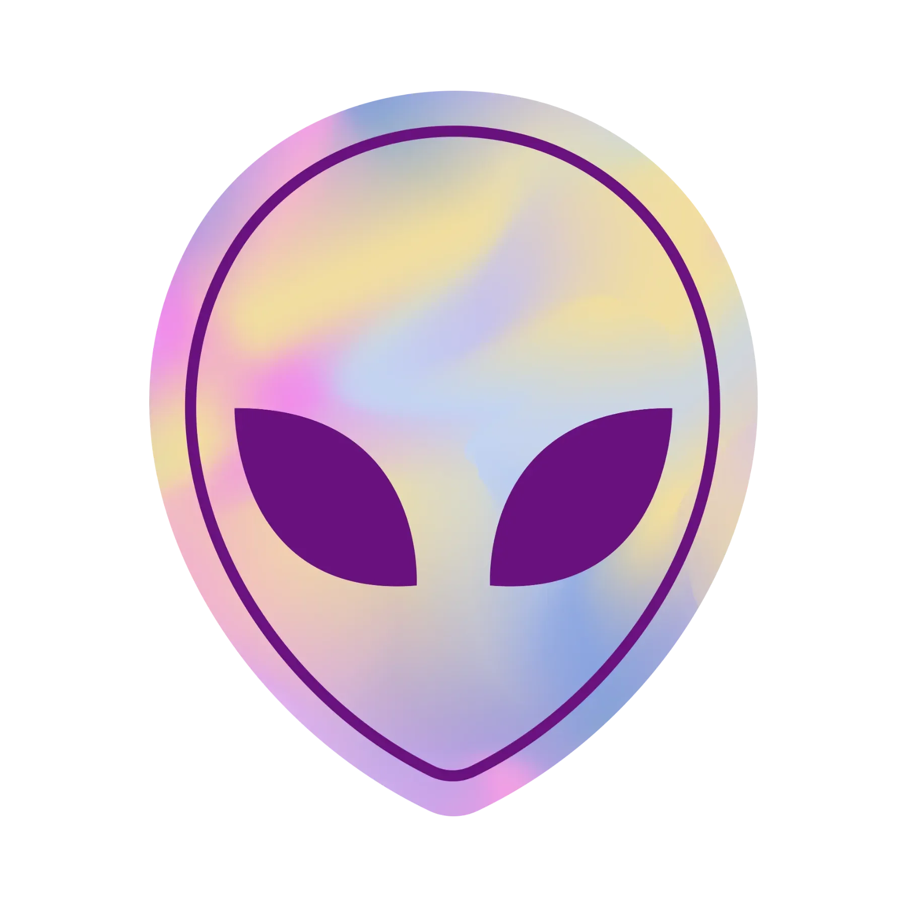 A stylized illustration of an alien head with large black eyes and a smooth, elongated shape, set against a pastel rainbow-colored background.