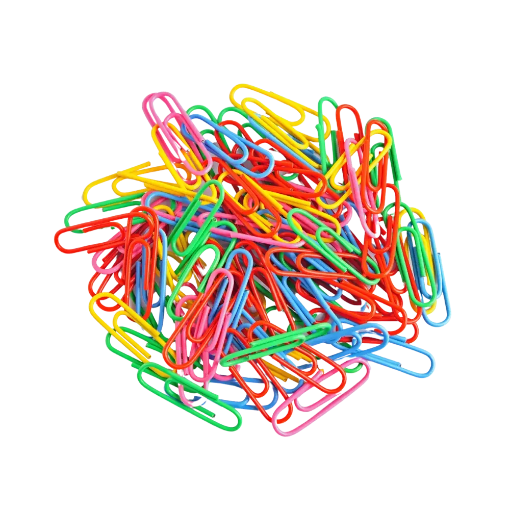 Pile of colorful paper clips on a black background.