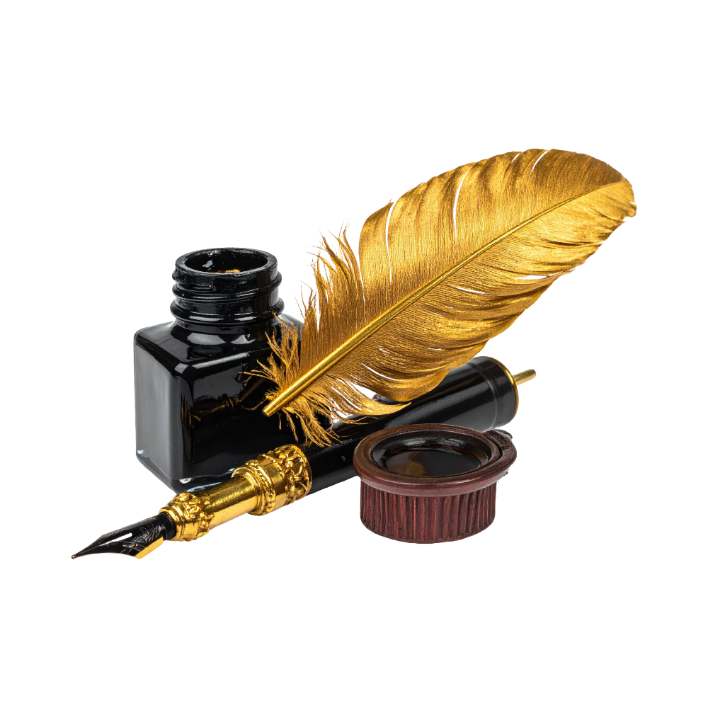 An antique ink bottle with a gold feather quill pen, a small inkwell, and a decorative gold nib.