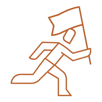 Line drawing of a person running while holding a flag.