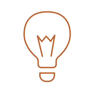 Line drawing of a light bulb in orange color on a black background.
