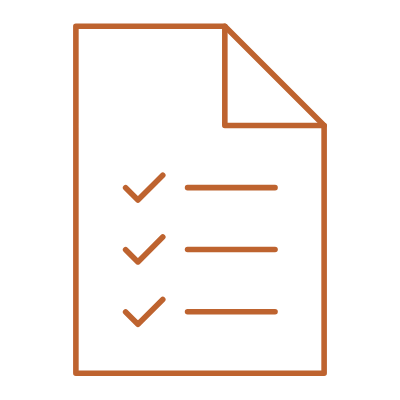 Icon of a checklist on a piece of paper with checkmarks next to list items, outlined in orange.